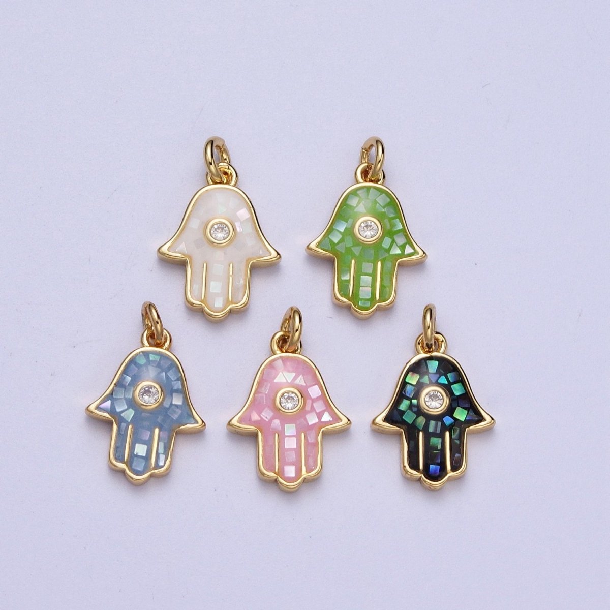 Natural Green Pink White Blue Black Shell Hamsa Hand Charm in Gold for Amulet Jewelry | X-755 - X-759 - DLUXCA