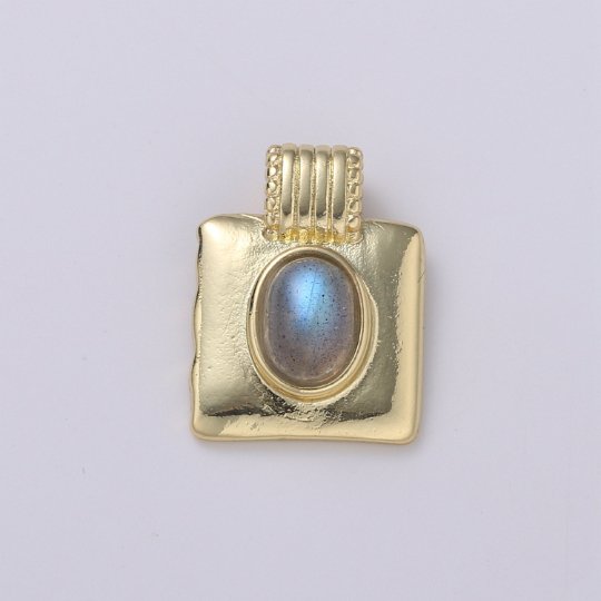 Natural Rainbow Labradorite Oval Square Medallion 14k Gold Filled Pendant for Necklace Component H-343 - DLUXCA