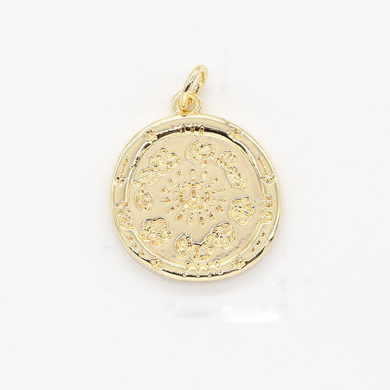 Nature Printed Golden Rustic Coin Charm, Plain Gold Ancient Medallion Charm Pendant GP-139 - DLUXCA