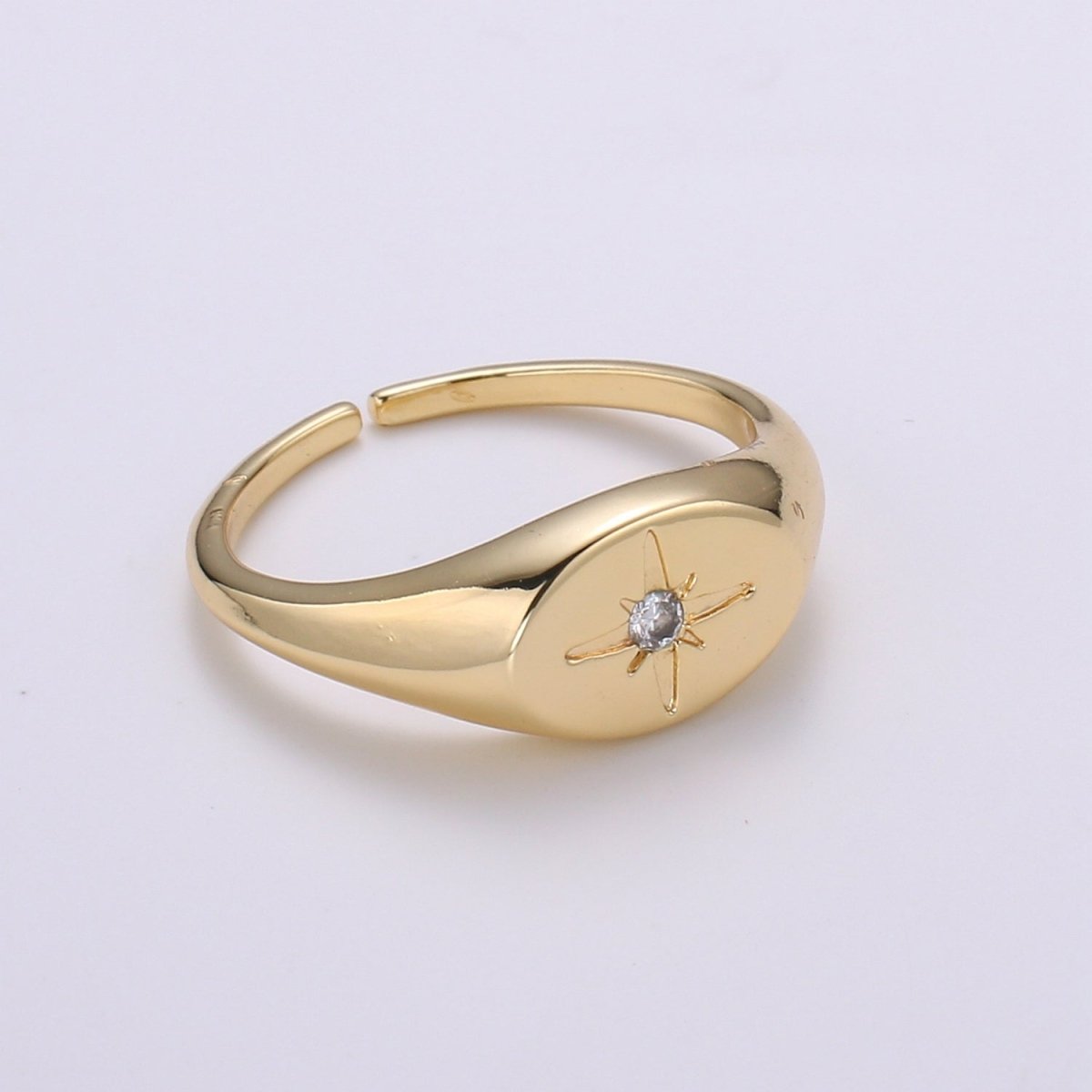 North Star of the Universe Gold Ring, Solitaire CZ Milky way Adjustable Gold Signet Ring, Simple Ring, Circle Ring R-494 S-108 - DLUXCA