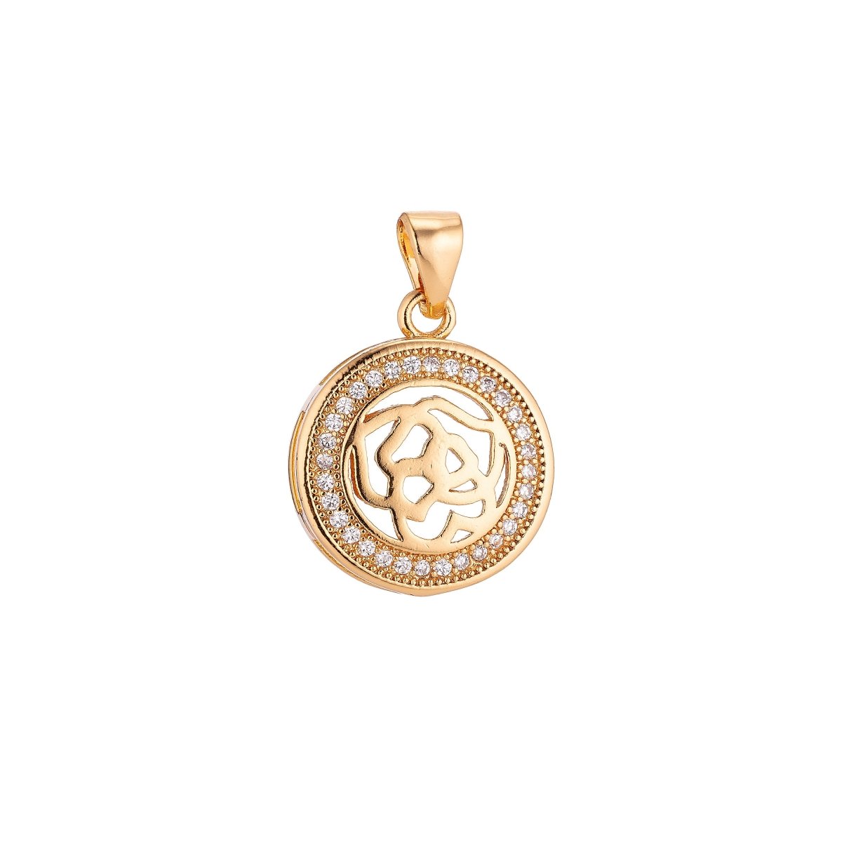 On Sale! CLEARANCE! Abstract Flower in White Gold / Gold Filled Coin Medallion Charm Pendant Cubic Zircon CZ Dainty Pendant for Necklace Jewelry Making, CL-H277 - DLUXCA