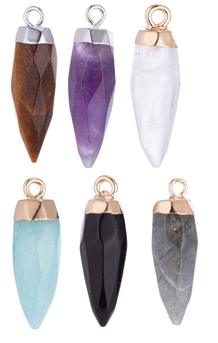 On Sale! CLEARANCE! Delicate Pointed Spike Gemstone Drop Pendant, Dainty Bullet Gemstone Charms Amethyst, Tiger Eye, Quartz, Onyx, Agate for Necklace Earring | E-333 E-334 E-335 E-336 - DLUXCA