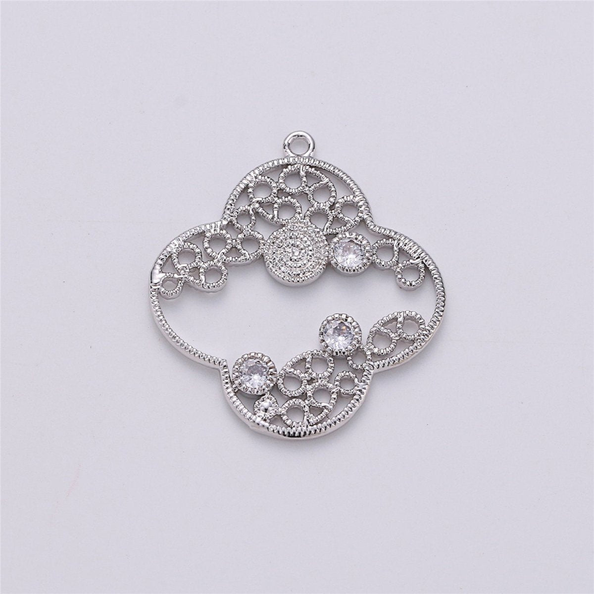 On Sale! CLEARANCE! Four Leaf Clover Charm in Rhodium White Gold with Cubic Zircon Pendant for Necklace Earring Jewelry Making inspired quatrefoil clover E-486 - DLUXCA