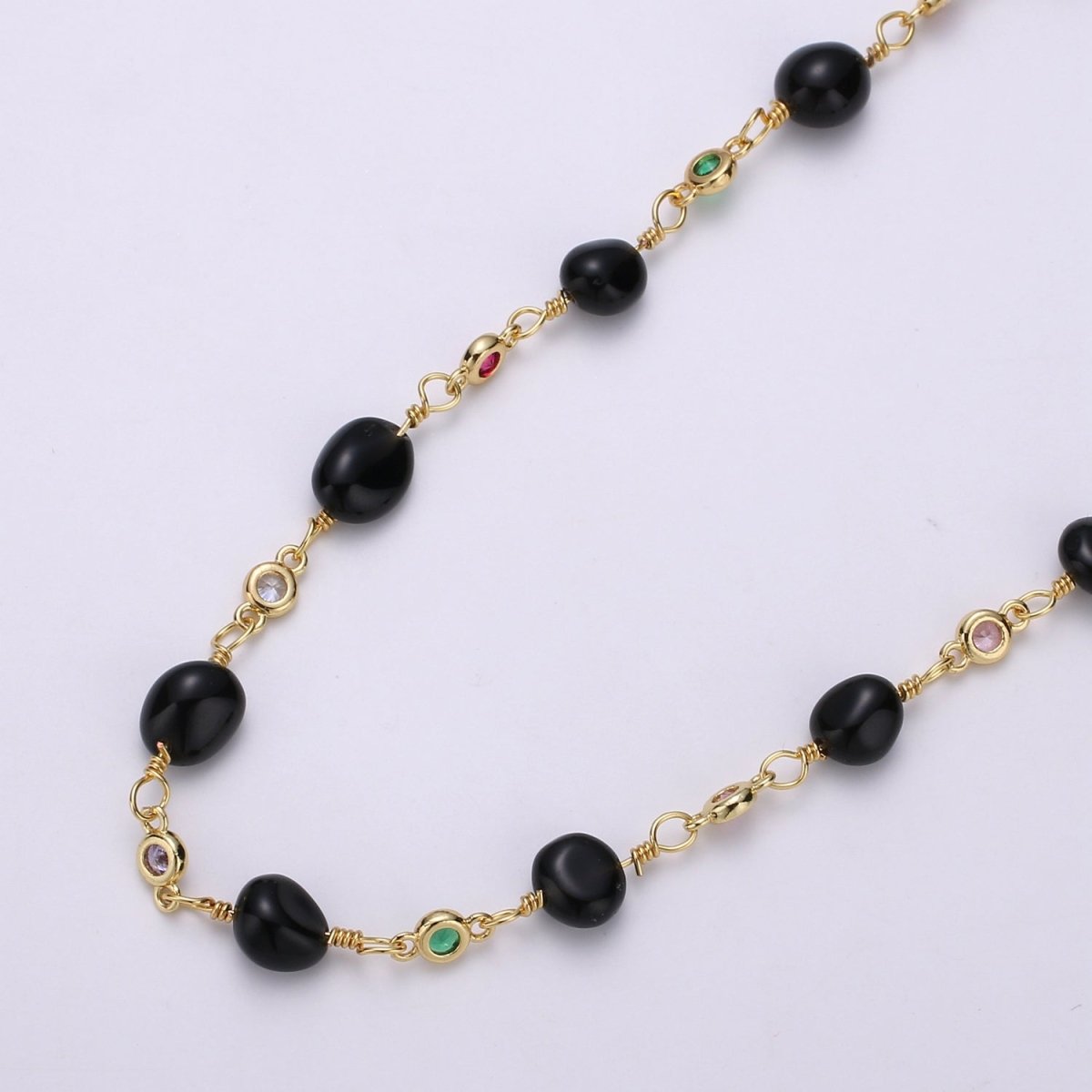 Onyx Micro Pave Charm 24K Gold Filled Chain by Yard, Cubic Round Charm Chain by Yard, Semiprecious Stone Onyx Chain | ROLL-329 Clearance Pricing - DLUXCA