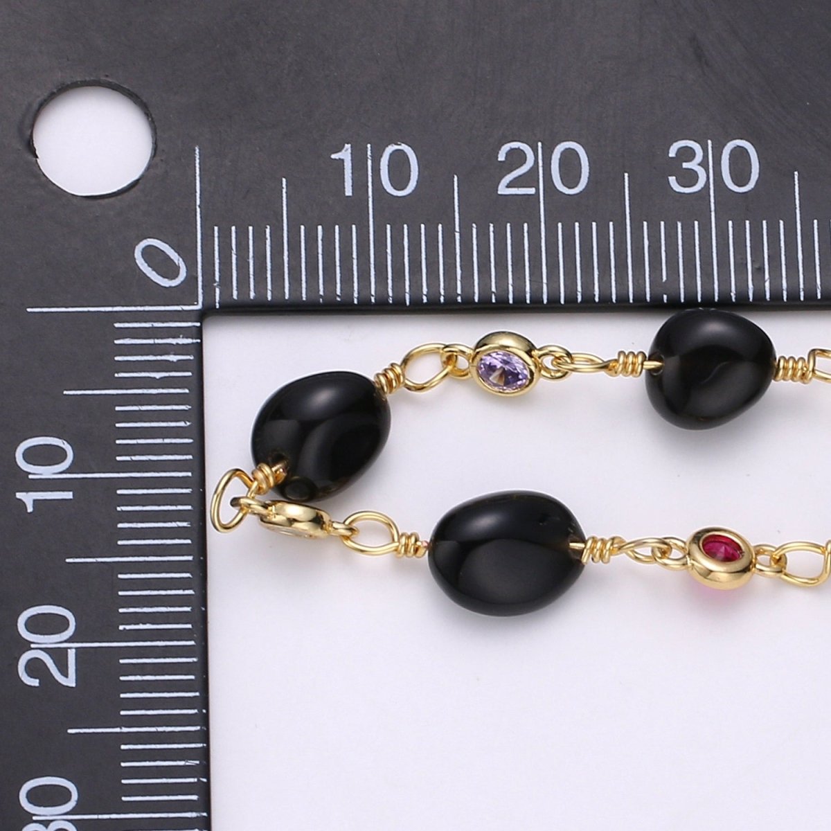 Onyx Micro Pave Charm 24K Gold Filled Chain by Yard, Cubic Round Charm Chain by Yard, Semiprecious Stone Onyx Chain | ROLL-329 Clearance Pricing - DLUXCA