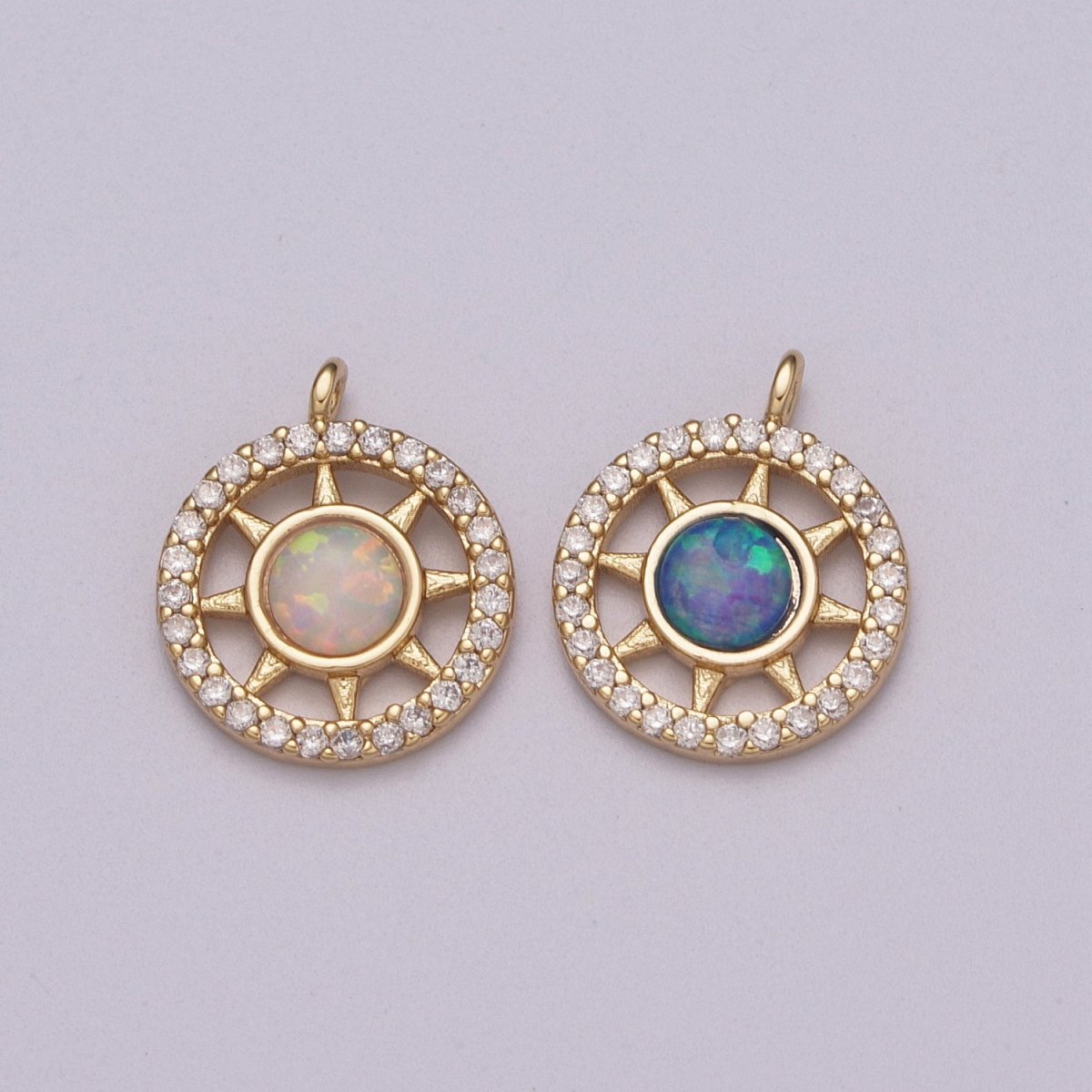 Opal Sun Coin Charm Micro Pave Charm 18k Gold Filled Celestial Cubic Zirconia Pave Small Disc Pendant M-832 M-833 - DLUXCA