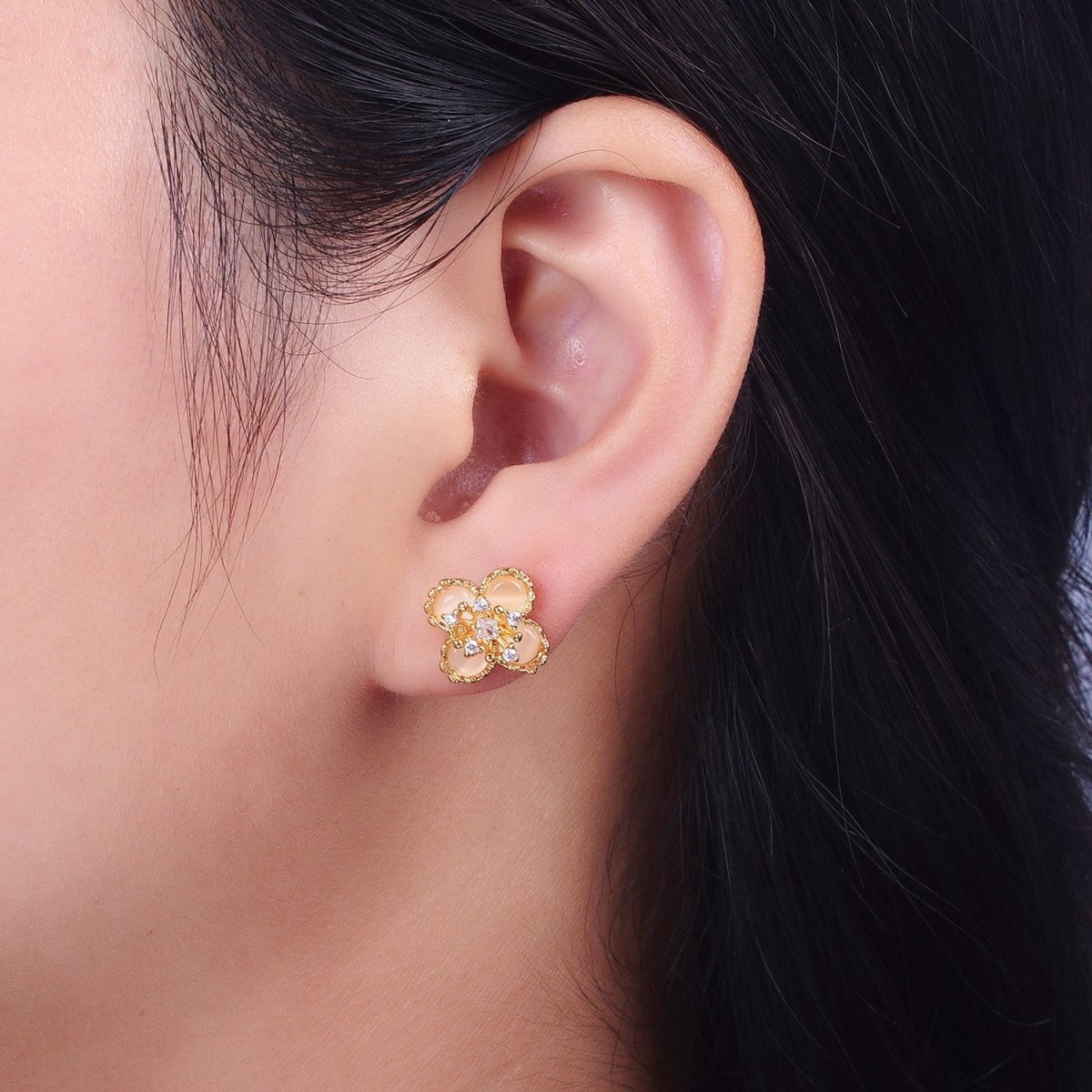 Orange Cats Eye Hibiscus Botanical Flower Mini Gold Stud Earrings | Y-178 - DLUXCA