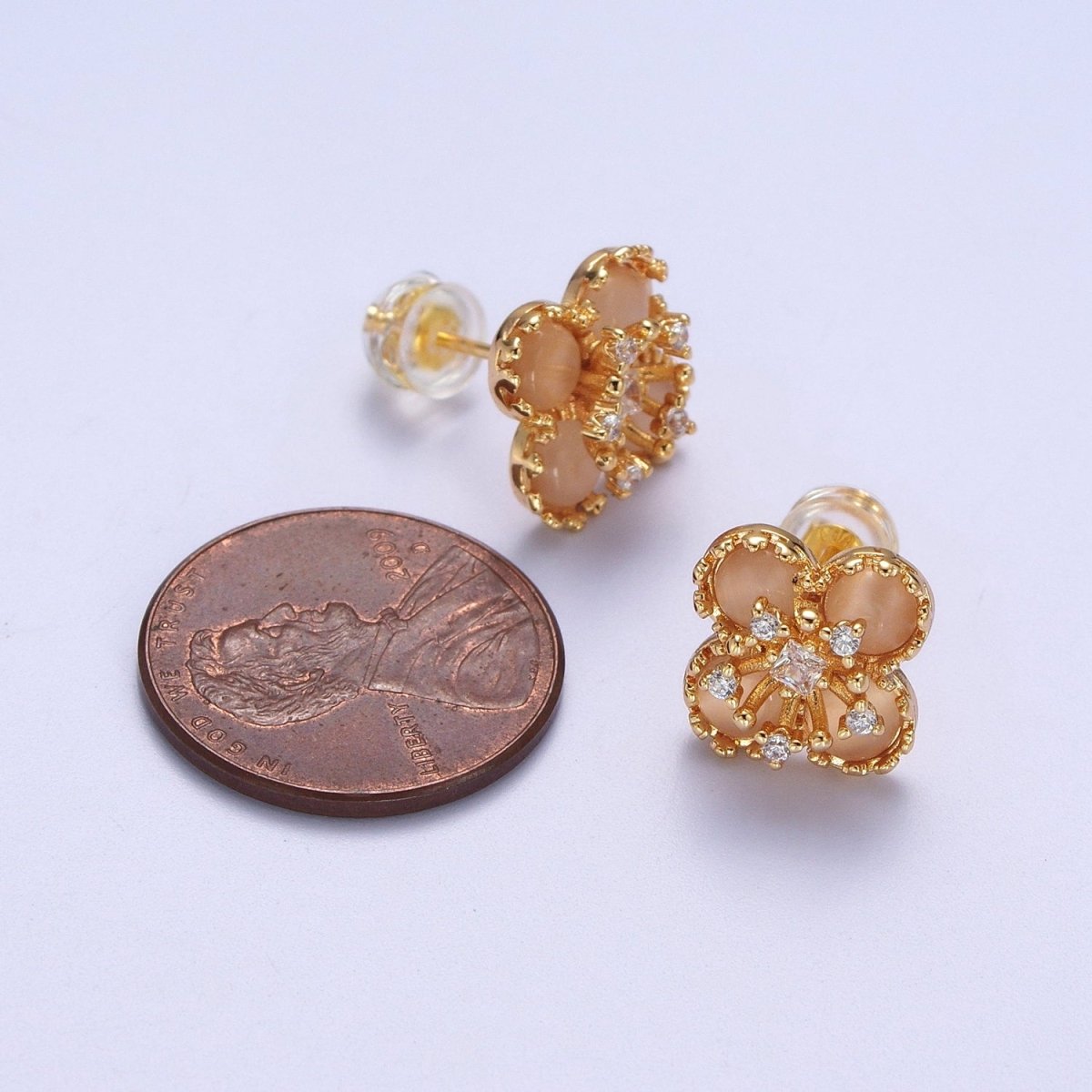 Orange Cats Eye Hibiscus Botanical Flower Mini Gold Stud Earrings | Y-178 - DLUXCA