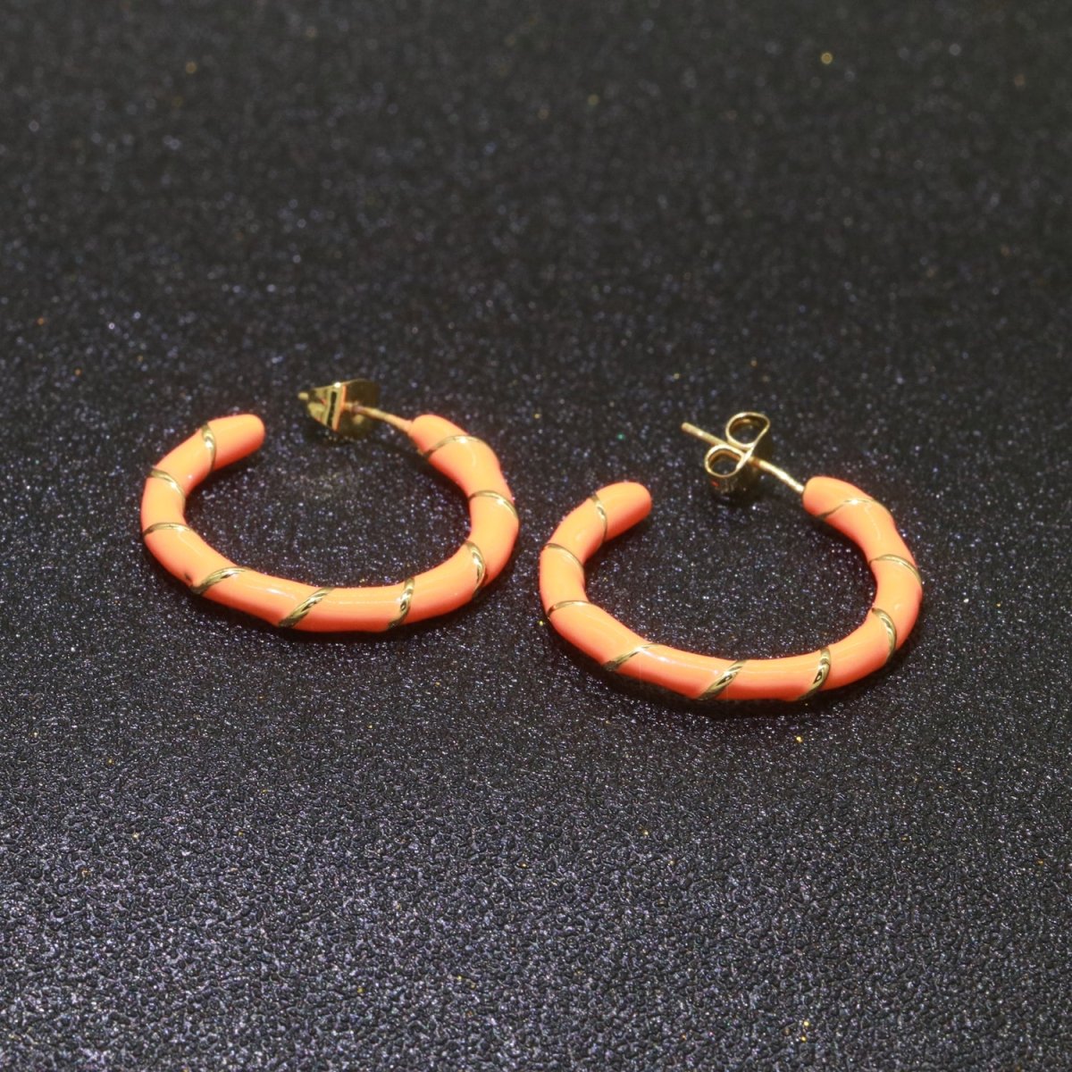 Orange Enamel Hoop Earring with Gold Swirl 26mm Hoop earring Jewelry Gift T-005 - DLUXCA