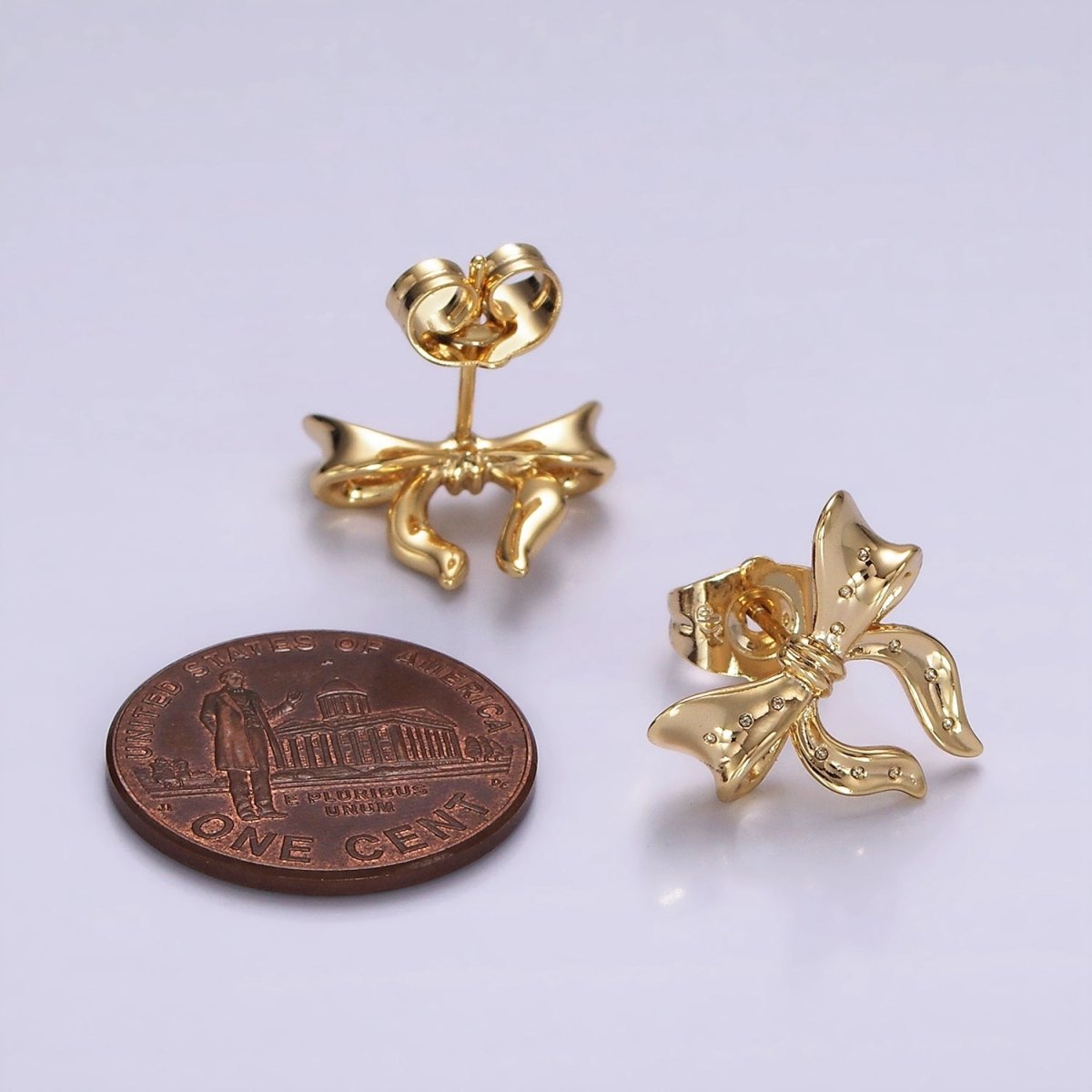 OS 14K Gold Filled 14mm Coquette Ribbon Bow CZ Minimalist Stud Earrings | AB1128 - DLUXCA