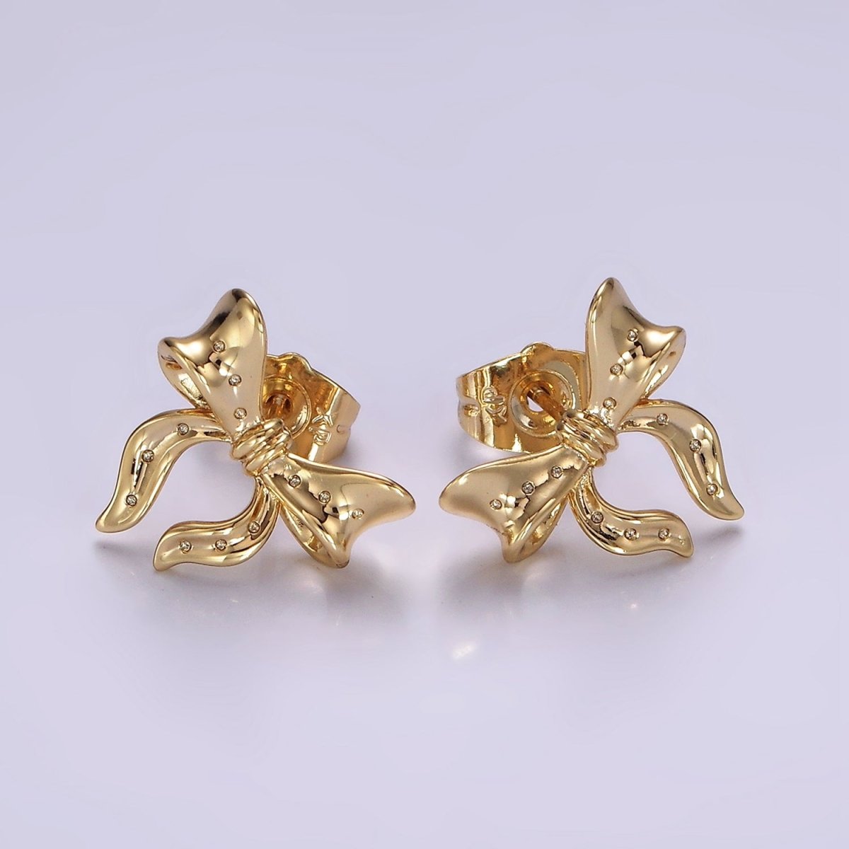 OS 14K Gold Filled 14mm Coquette Ribbon Bow CZ Minimalist Stud Earrings | AB1128 - DLUXCA