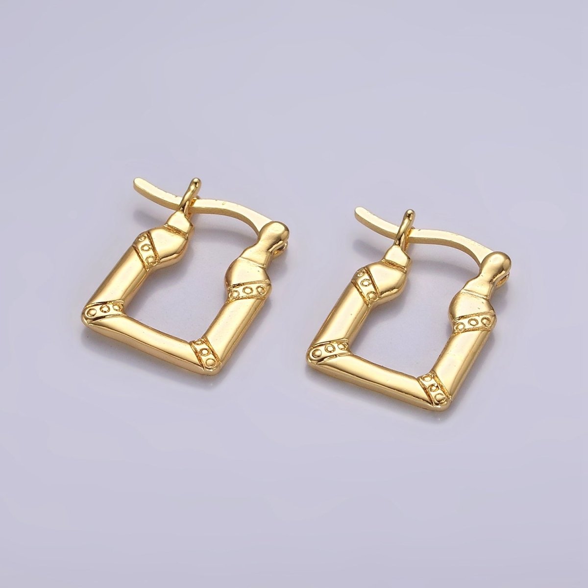 OS 14K Gold Filled 15mm Dotted Lined Square French Lock Latch Hoop Earrings | AE965 - DLUXCA
