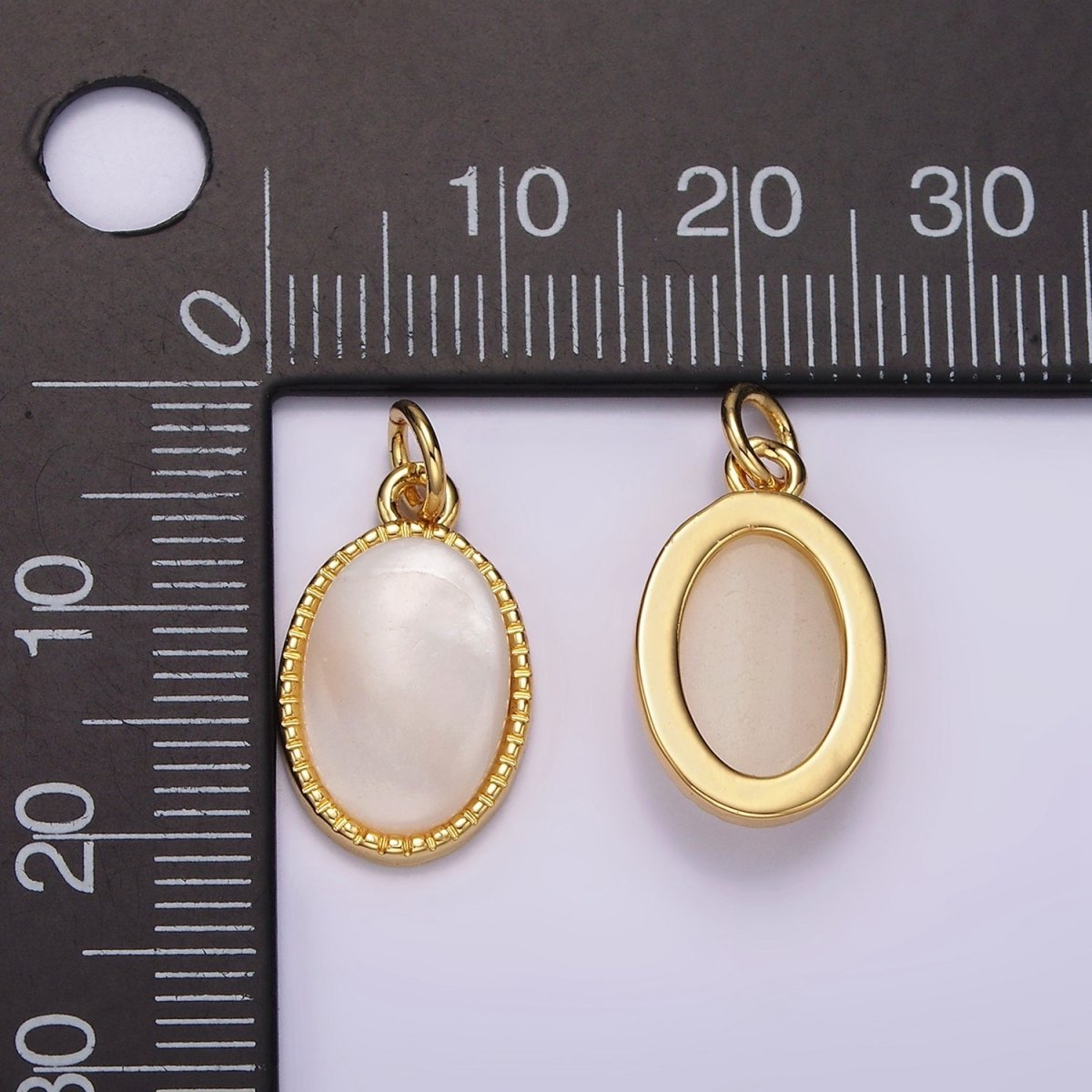 OS 14K Gold Filled 20mm Shell Pearl Oblong Dotted Bezel Charm | AG513 - DLUXCA