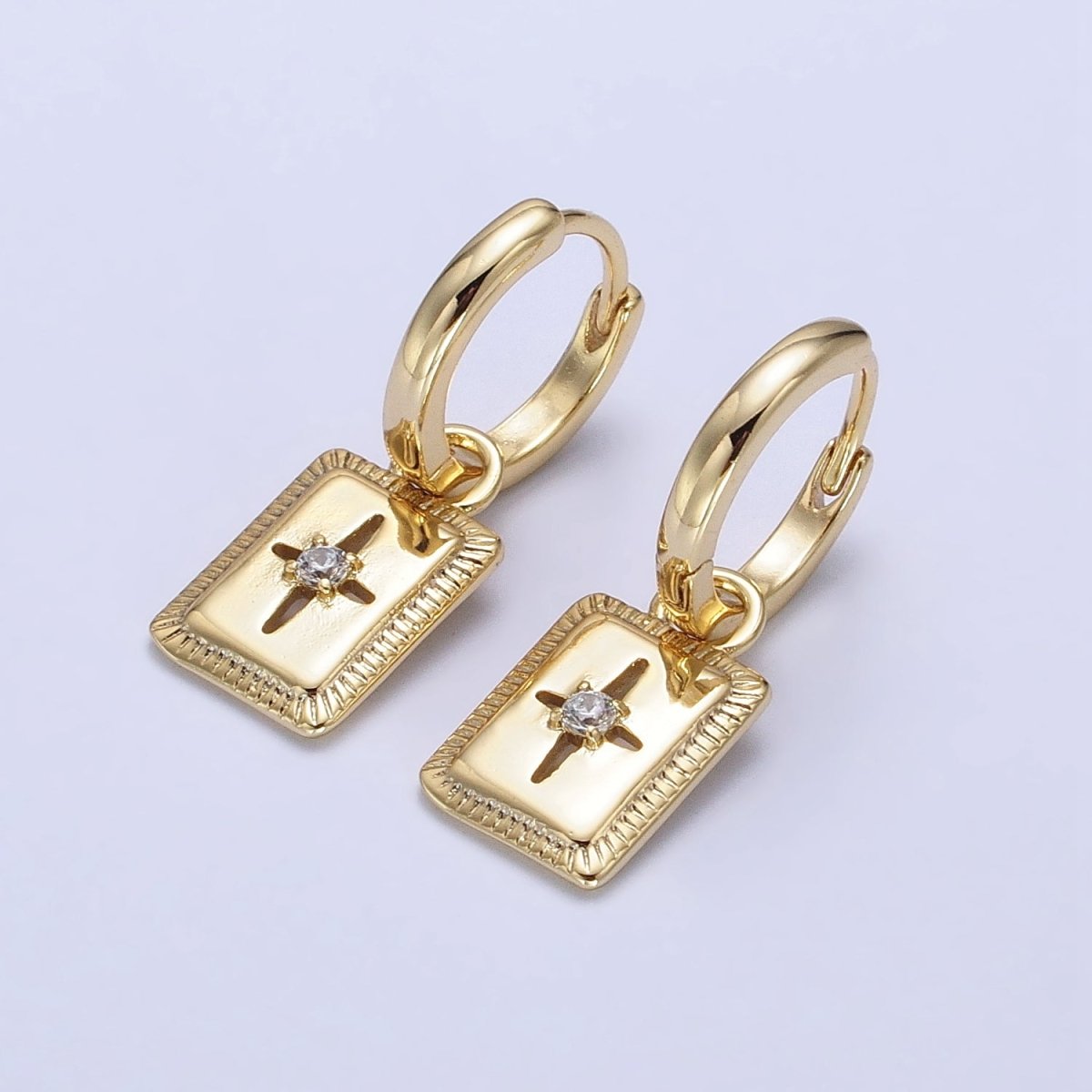 OS 14K Gold Filled Celestial Star CZ Lined Tag Rectangular Drop Huggie Earrings | AD1433 - DLUXCA