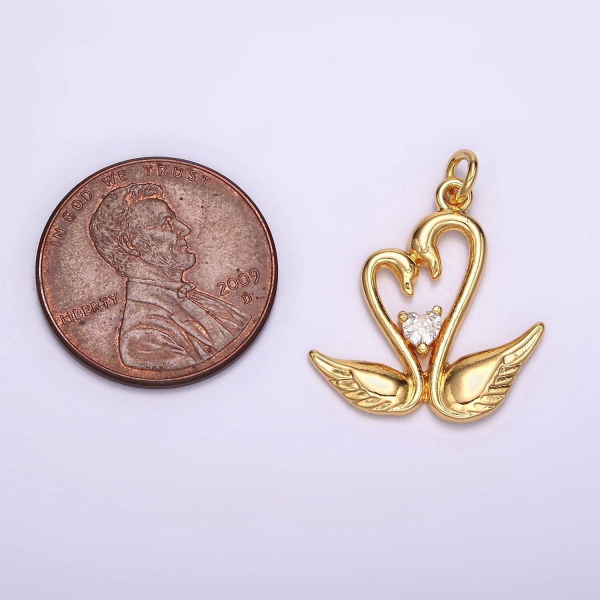 OS 14K Gold Filled Clear CZ Heart Swan Bird Animal Charm | AC880 - DLUXCA