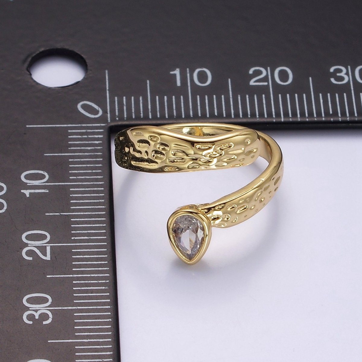 OS 14K Gold Filled Clear CZ Teardrop Line-Textured Hammered Band Open Ring | O-589 - DLUXCA