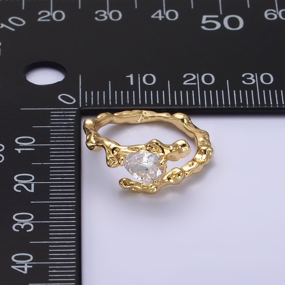 OS 14K Gold Filled Clear CZ Teardrop Molten Drip Open Ring | O-603 - DLUXCA