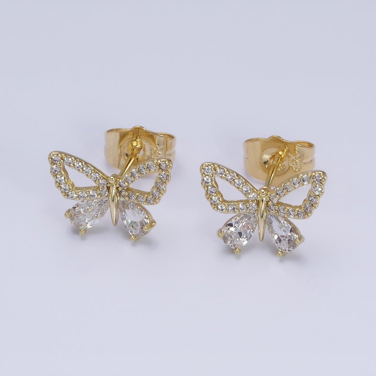OS 14K Gold Filled CZ Teardrop Micro Paved Open Wings Butterfly Mariposa Stud Earrings | AD1456 - DLUXCA