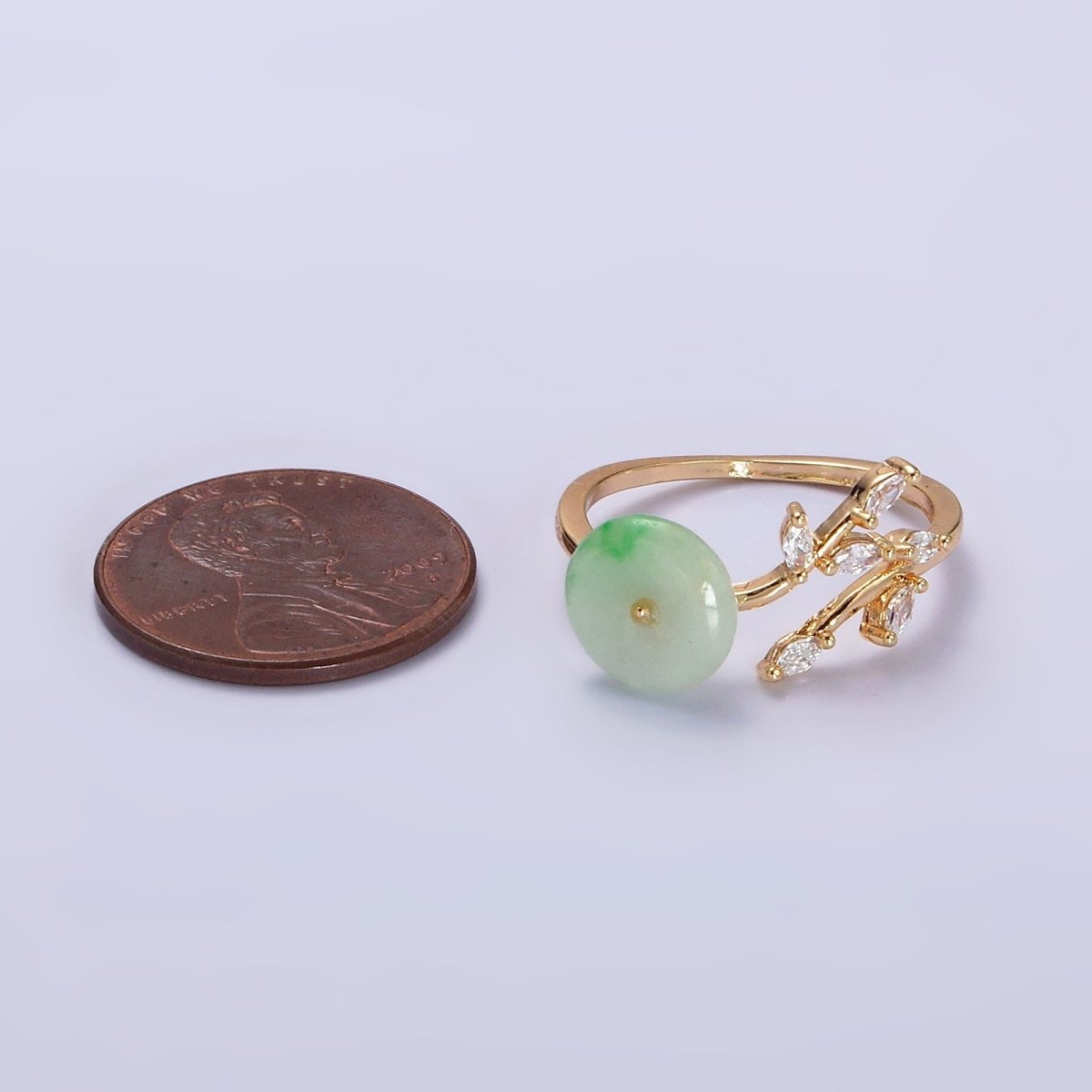 OS 14K Gold Filled Green Jade Donut Butterfly Leaf Marquise CZ Open Ring | O-604 - DLUXCA