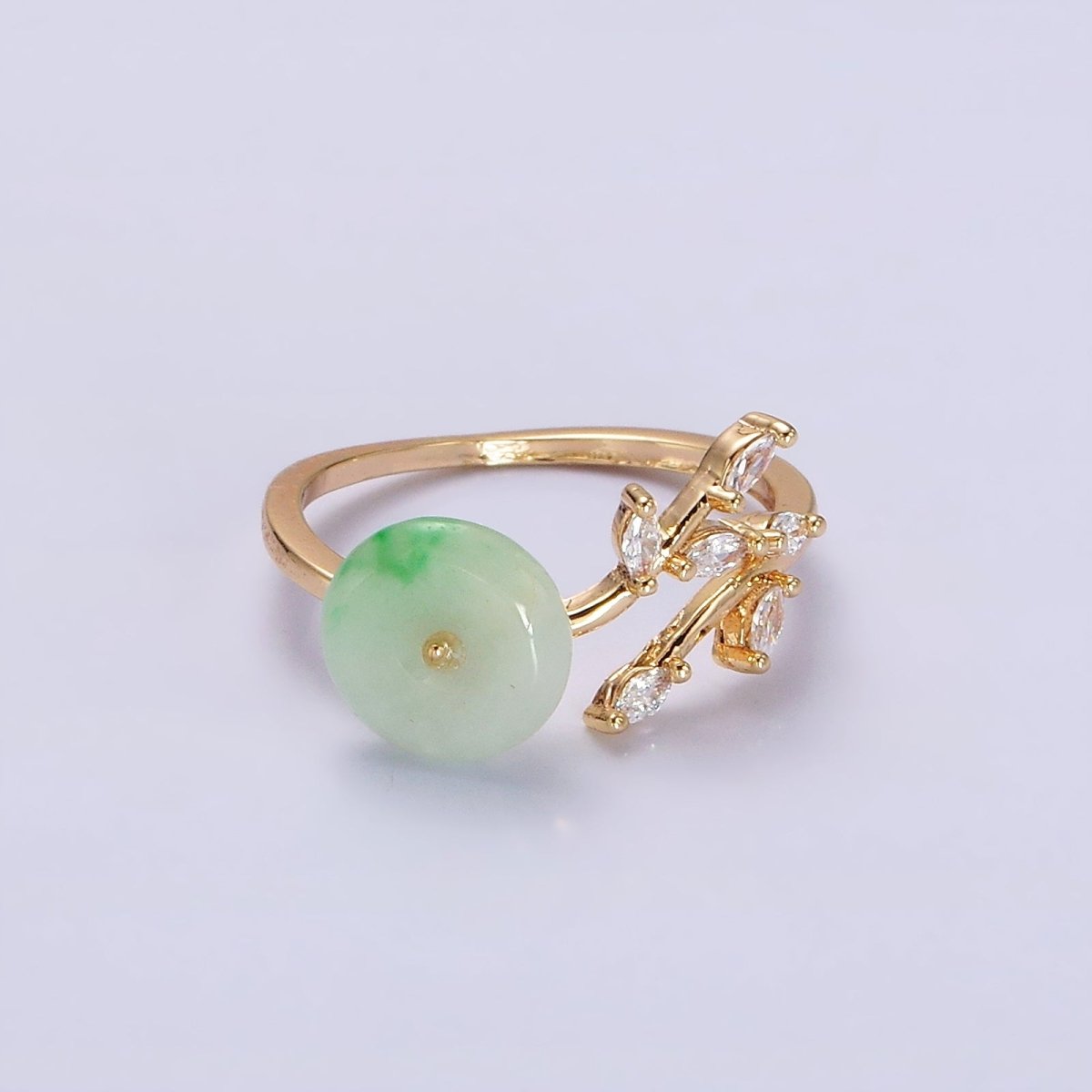 OS 14K Gold Filled Green Jade Donut Butterfly Leaf Marquise CZ Open Ring | O-604 - DLUXCA