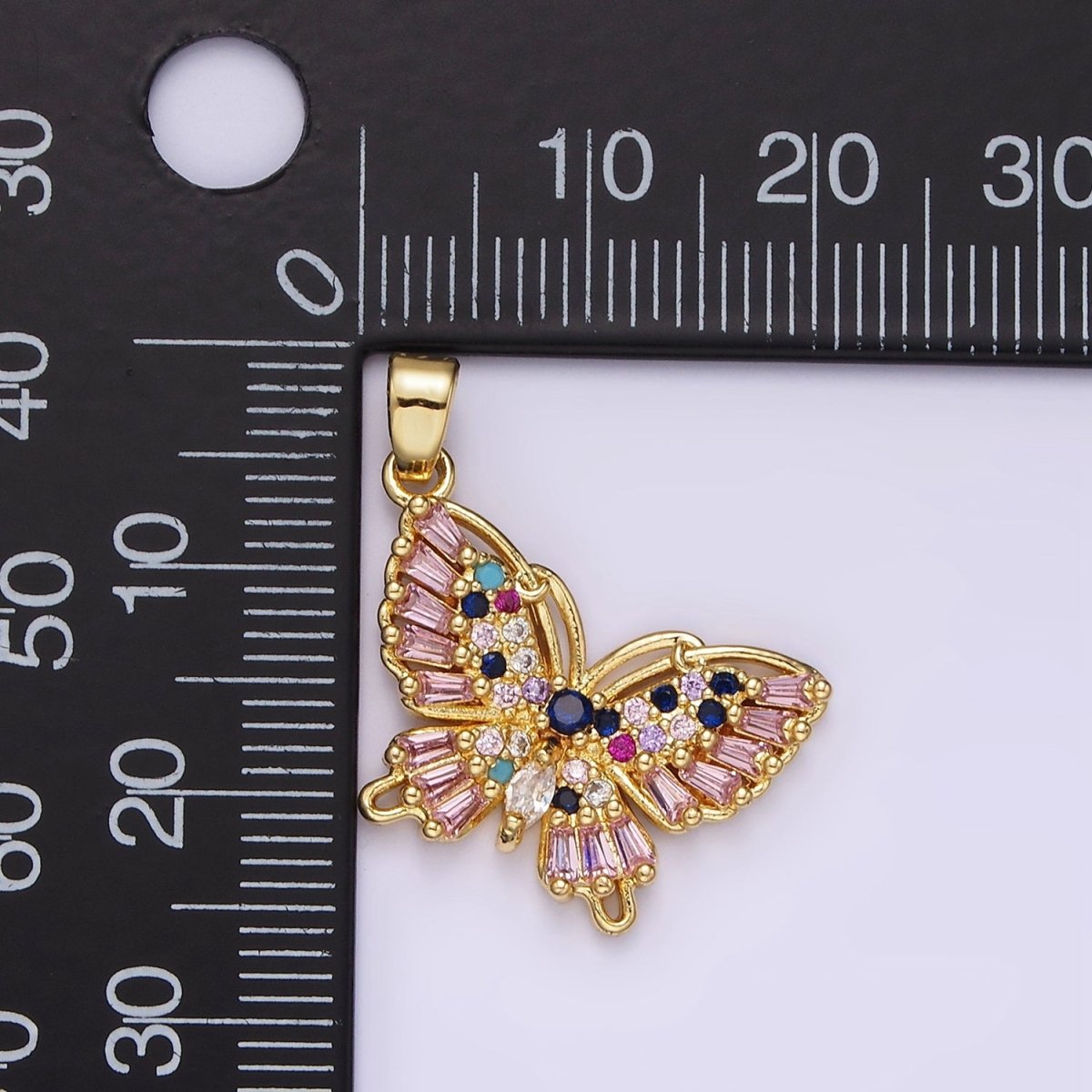 OS 14K Gold Filled Multicolor CZ Pink Baguette Butterfly Wings Pendant | N1316 - DLUXCA