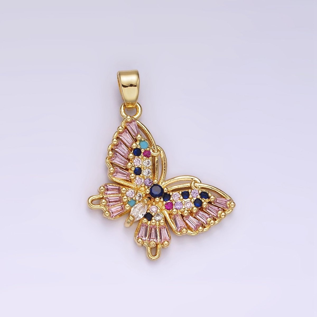 OS 14K Gold Filled Multicolor CZ Pink Baguette Butterfly Wings Pendant | N1316 - DLUXCA