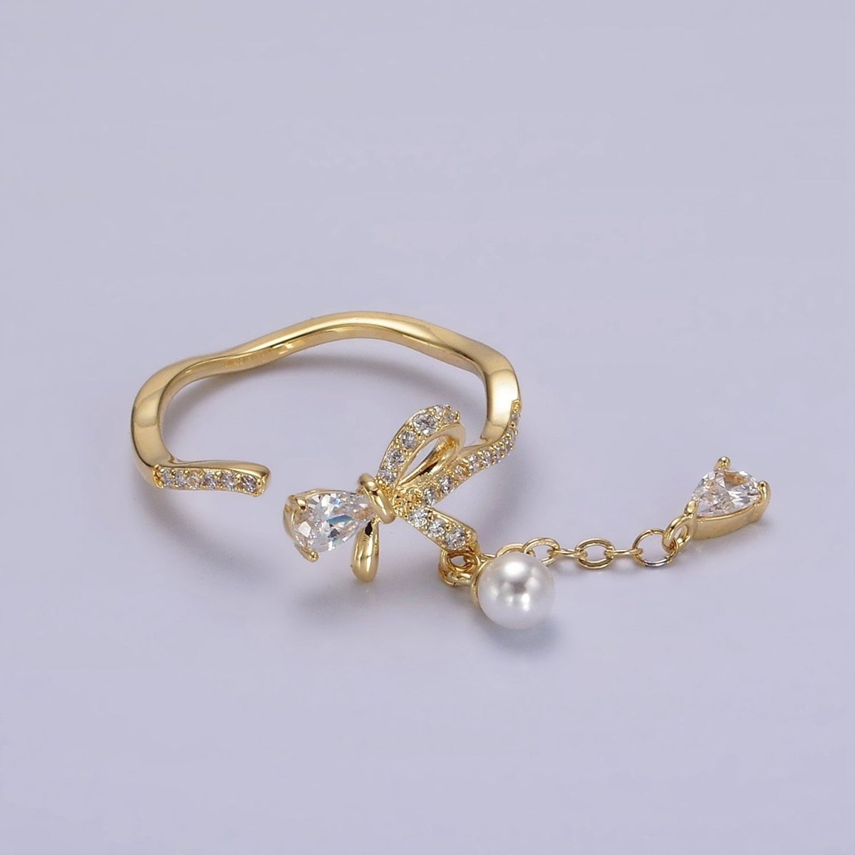 OS 14K Gold Filled Ribbon Bow Micro Paved CZ Teardrop Pearl Drop Ring Coquette Girl Jewelry | O1187 - DLUXCA