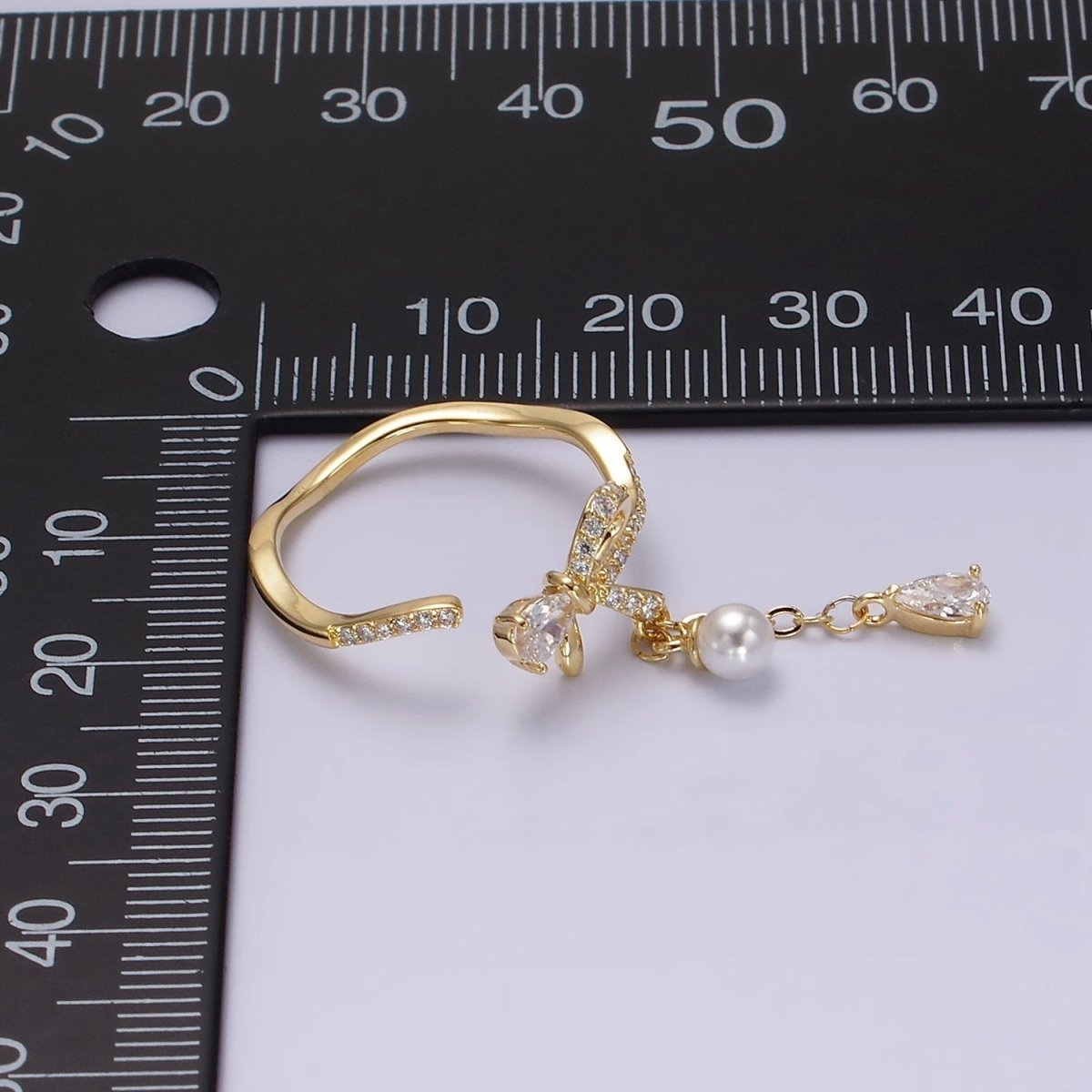 OS 14K Gold Filled Ribbon Bow Micro Paved CZ Teardrop Pearl Drop Ring Coquette Girl Jewelry | O1187 - DLUXCA