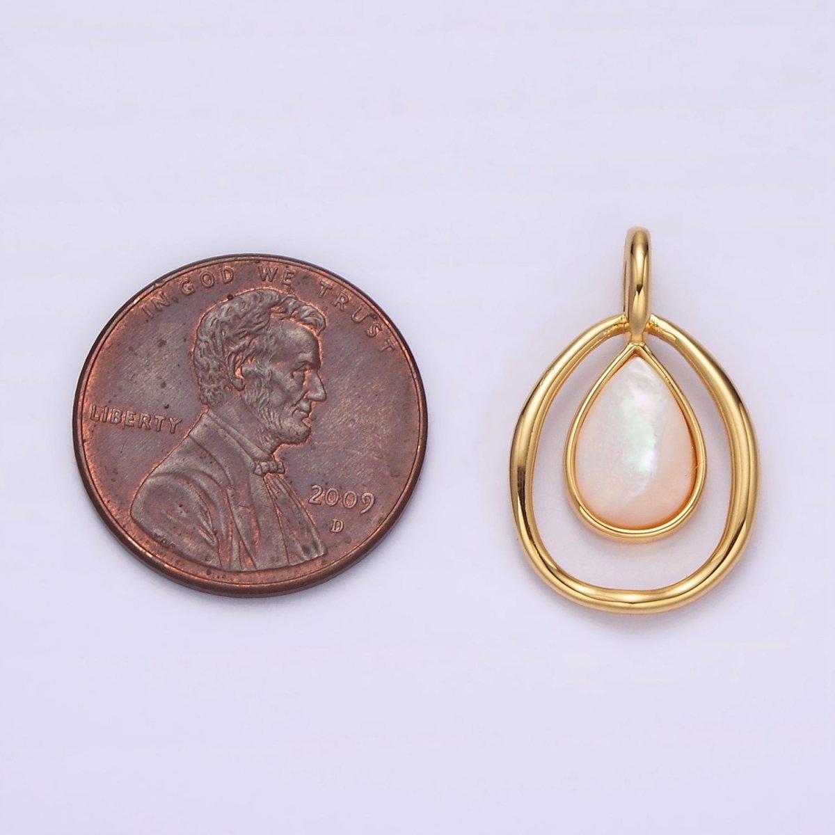 OS 14K Gold Filled Shell Pearl Teardrop Double Bezel Open Pendant | N-1804 - DLUXCA