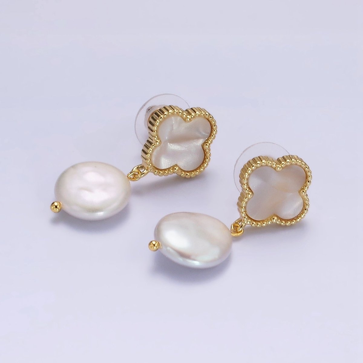 OS 14K Gold Filled White Freshwater Pearl Drop Quatrefoil Clover Shell Pearl Stud Earrings | AE862 - DLUXCA