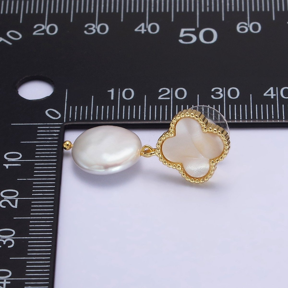 OS 14K Gold Filled White Freshwater Pearl Drop Quatrefoil Clover Shell Pearl Stud Earrings | AE862 - DLUXCA