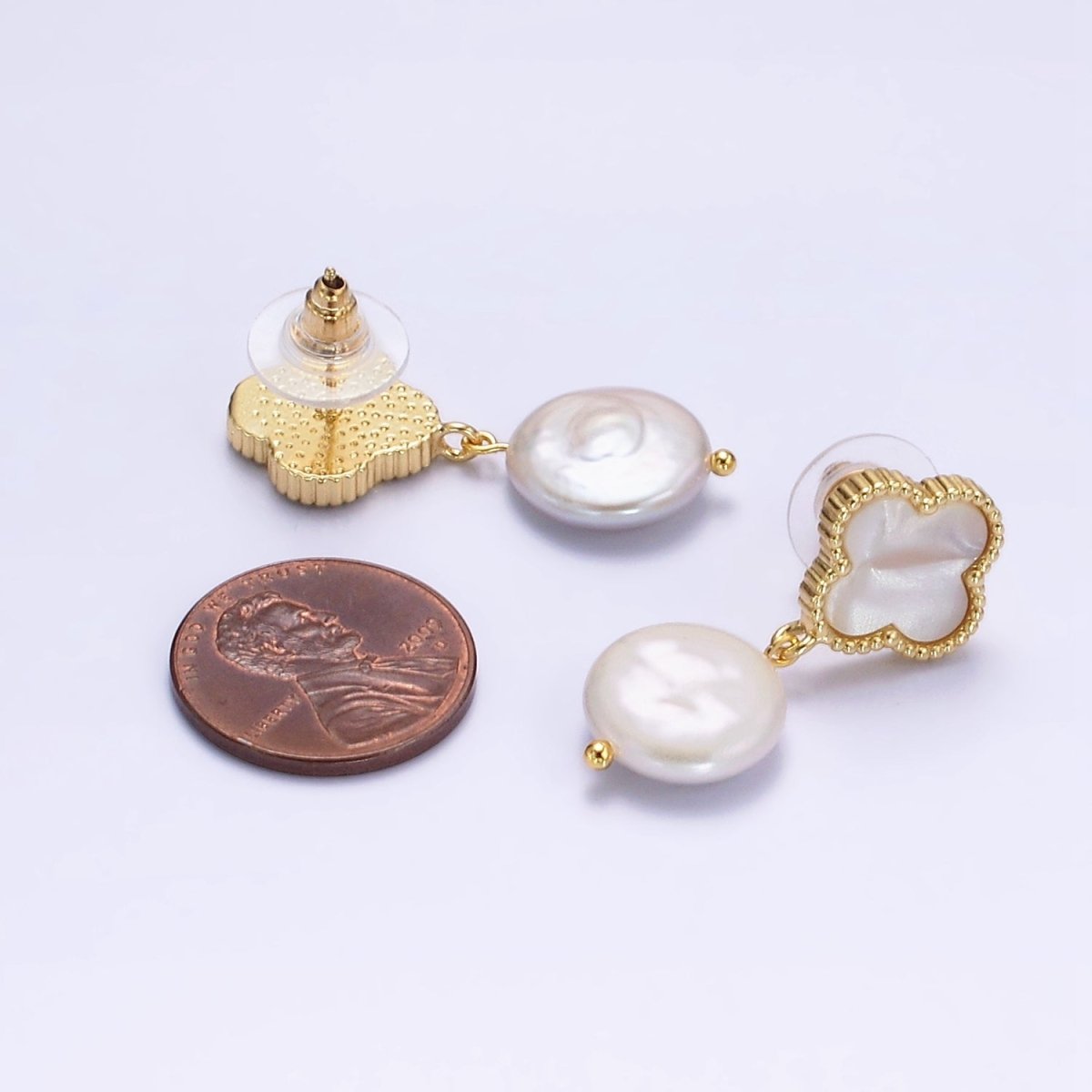 OS 14K Gold Filled White Freshwater Pearl Drop Quatrefoil Clover Shell Pearl Stud Earrings | AE862 - DLUXCA