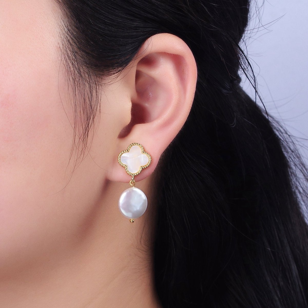 OS 14K Gold Filled White Freshwater Pearl Drop Quatrefoil Clover Shell Pearl Stud Earrings | AE862 - DLUXCA