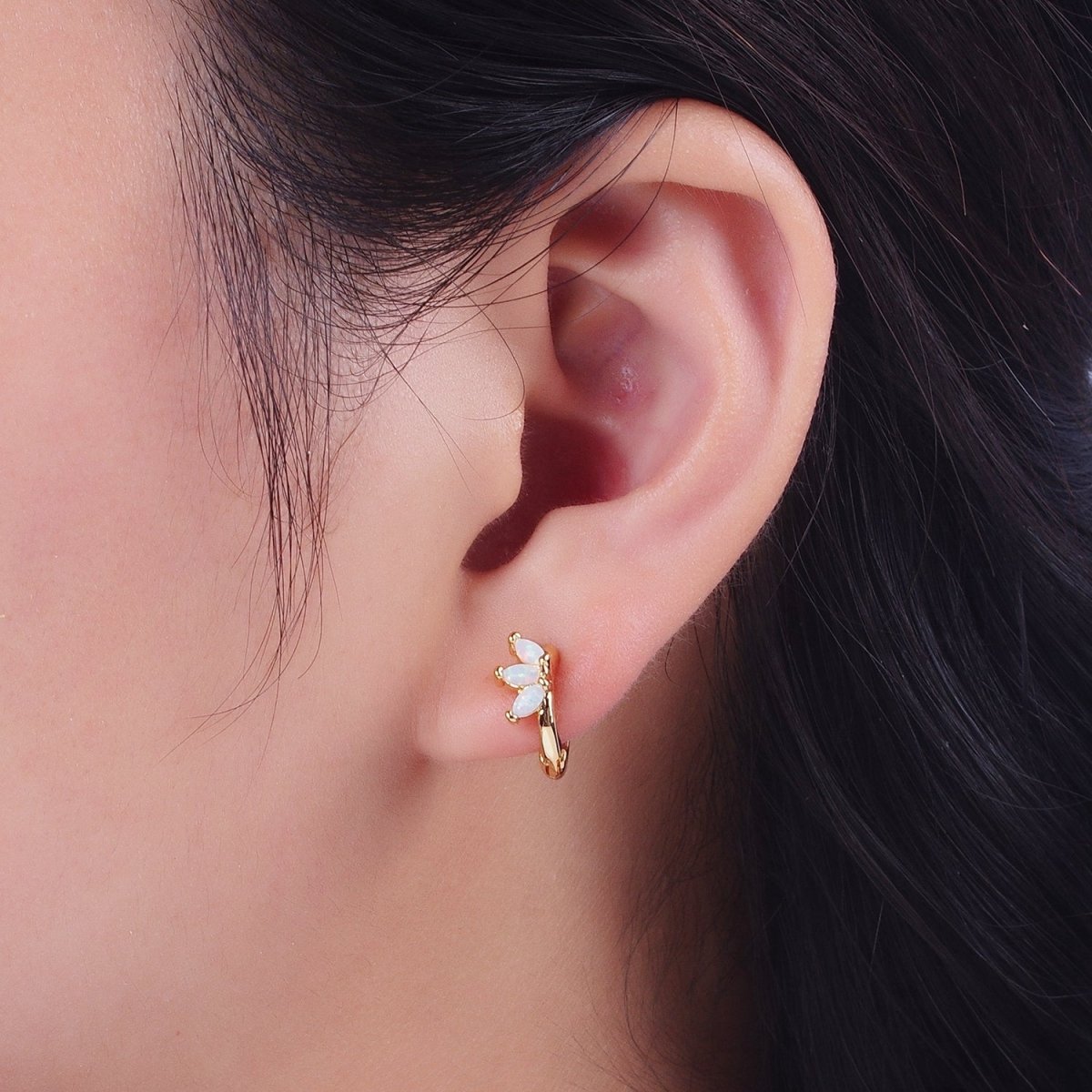 OS 14K Gold Filled White Opal Triple Marquise Huggie Hoop Earrings | Y-092 - DLUXCA