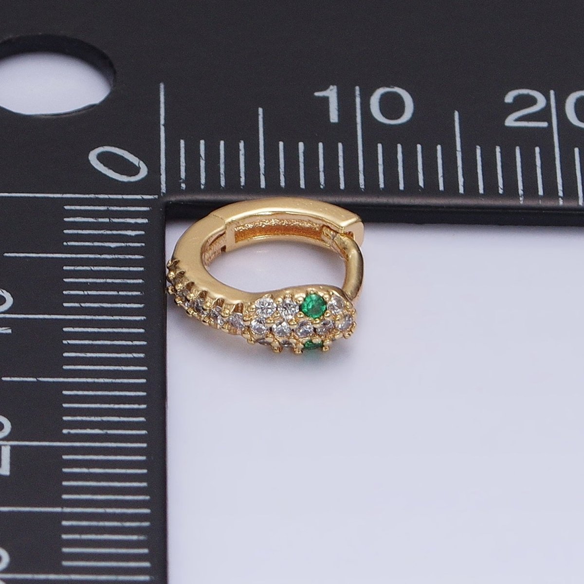 OS 16K Gold Filled 10mm Green-Eyed CZ Snake Serpent Micro Paved Cartilage Huggie Earrings | AD1298 - DLUXCA