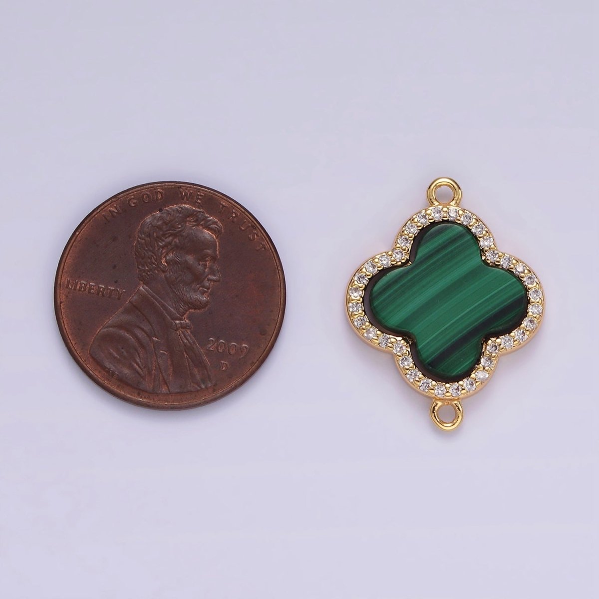 OS 16K Gold Filled Malachite Micro Paved CZ Quatrefoil Connector | G-114 - DLUXCA