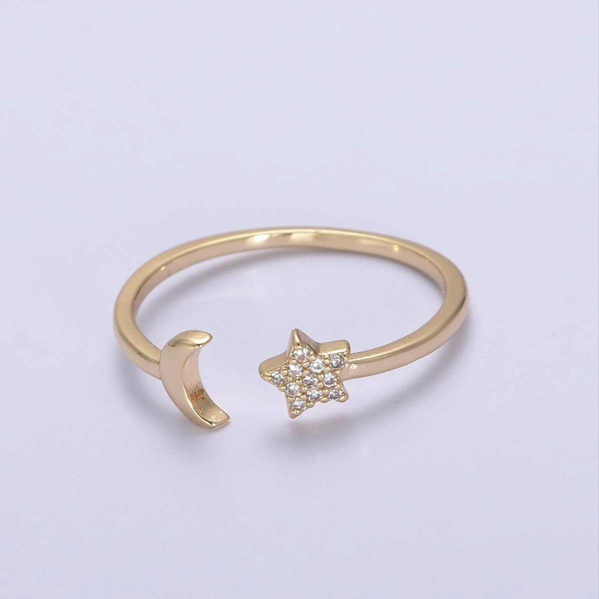 OS 16K Gold Filled Moon and Star Ring, Dainty Crescent Moon and Star Crystal Zirconia CZ Open Ring, Celestial Stacking Ring | U-419 - DLUXCA