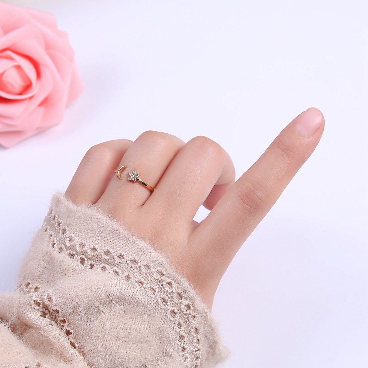 OS 16K Gold Filled Moon and Star Ring, Dainty Crescent Moon and Star Crystal Zirconia CZ Open Ring, Celestial Stacking Ring | U-419 - DLUXCA