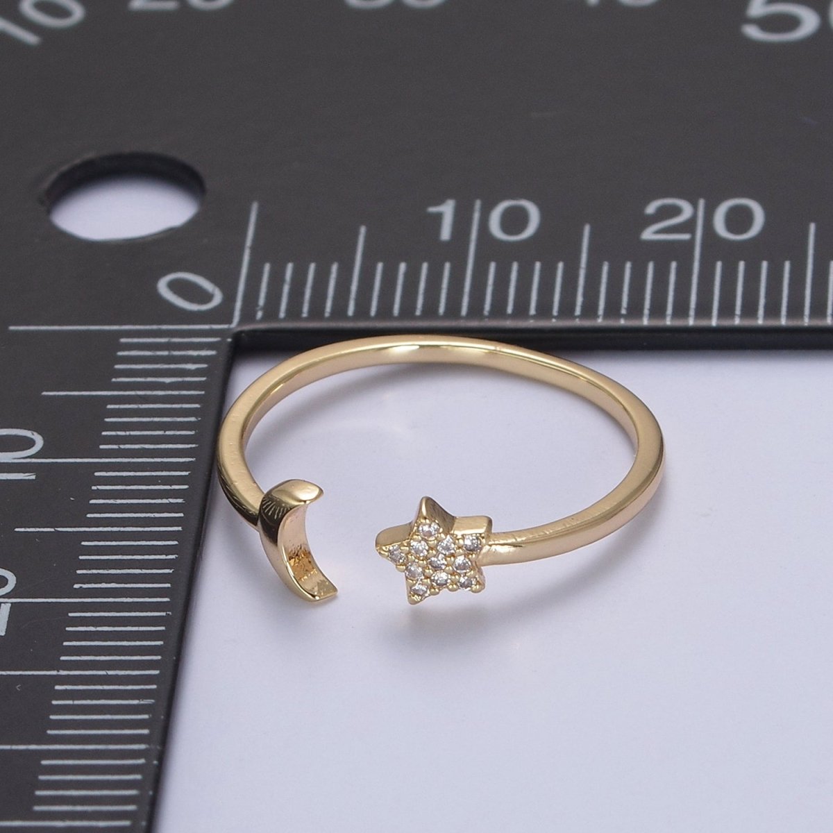 OS 16K Gold Filled Moon and Star Ring, Dainty Crescent Moon and Star Crystal Zirconia CZ Open Ring, Celestial Stacking Ring | U-419 - DLUXCA