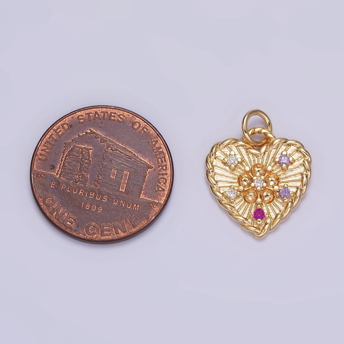 OS 16K Gold Filled Multicolor CZ Dotted Sunburst Twisted Croissant Heart Charm | N1013 - DLUXCA