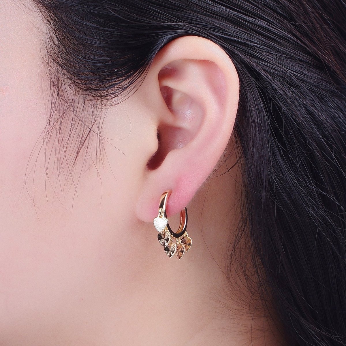 OS 16K Gold Filled Starburst Heart Love Charm Dangle Drop Minimalist Huggie Hoop Earrings T-178 - DLUXCA