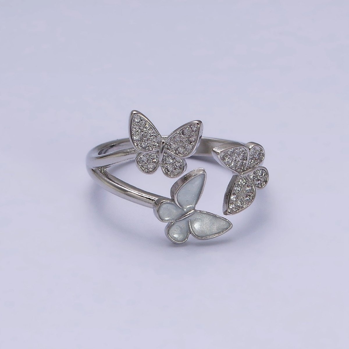 OS 16K Gold Filled Triple Butterfly Micro Paved CZ Enamel Open Ring in Gold & Silver | O-1579 O-1580 - DLUXCA