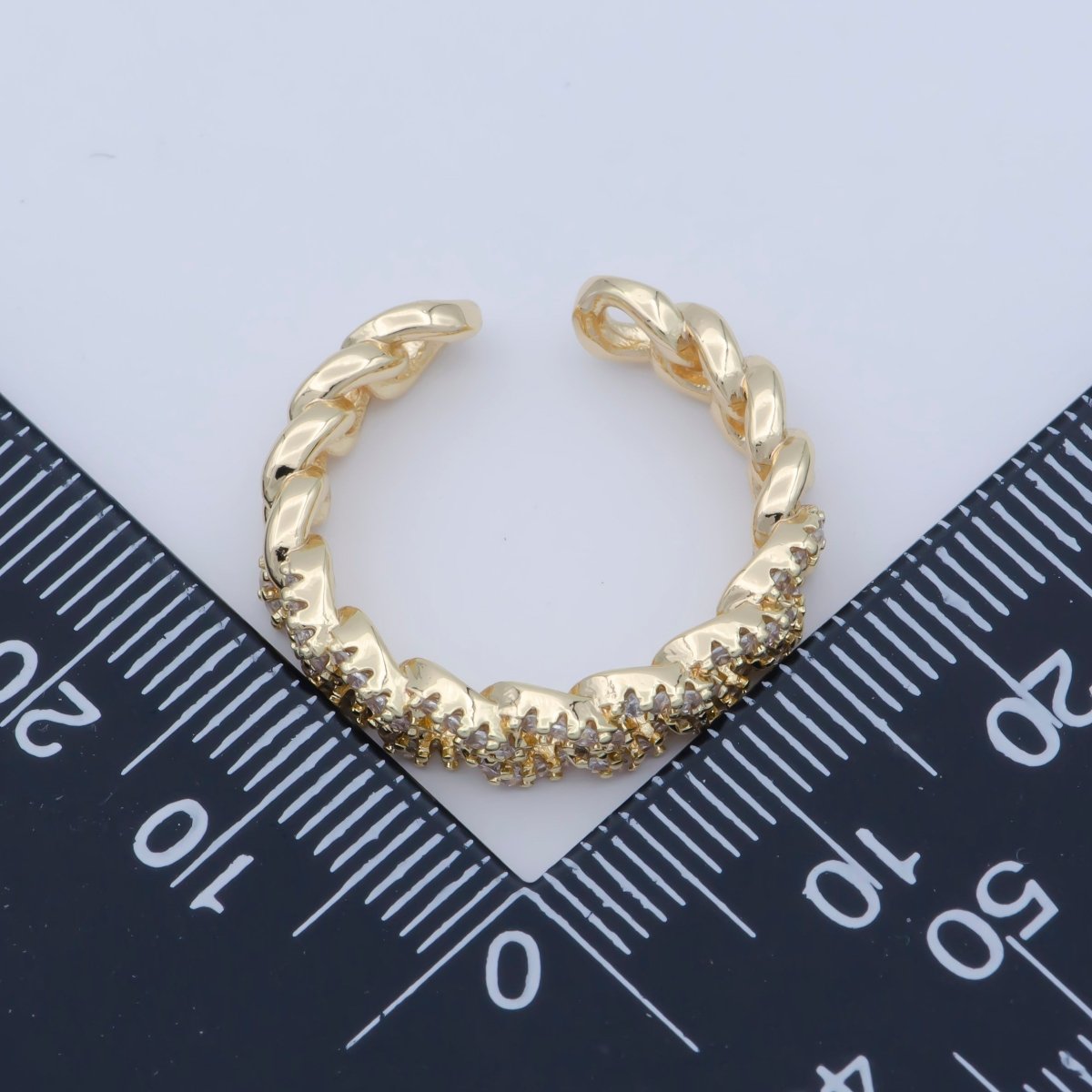 OS 18K Gold Filled Crystal Cubic Zirconia CZ Curb Link Chain Adjustable Ring O-476 - DLUXCA