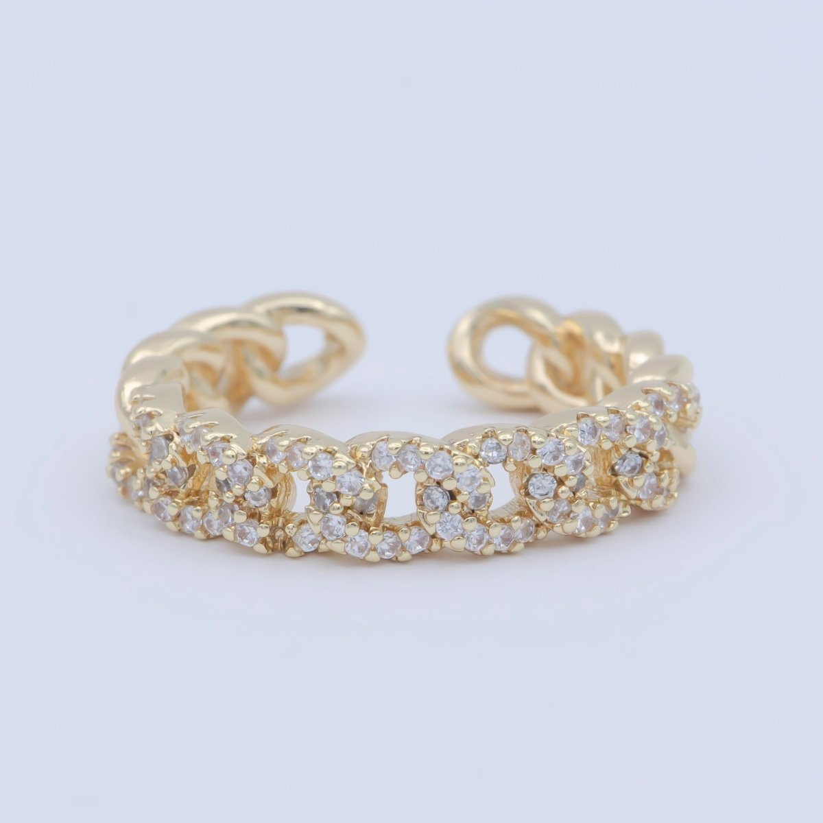 OS 18K Gold Filled Crystal Cubic Zirconia CZ Curb Link Chain Adjustable Ring O-476 - DLUXCA