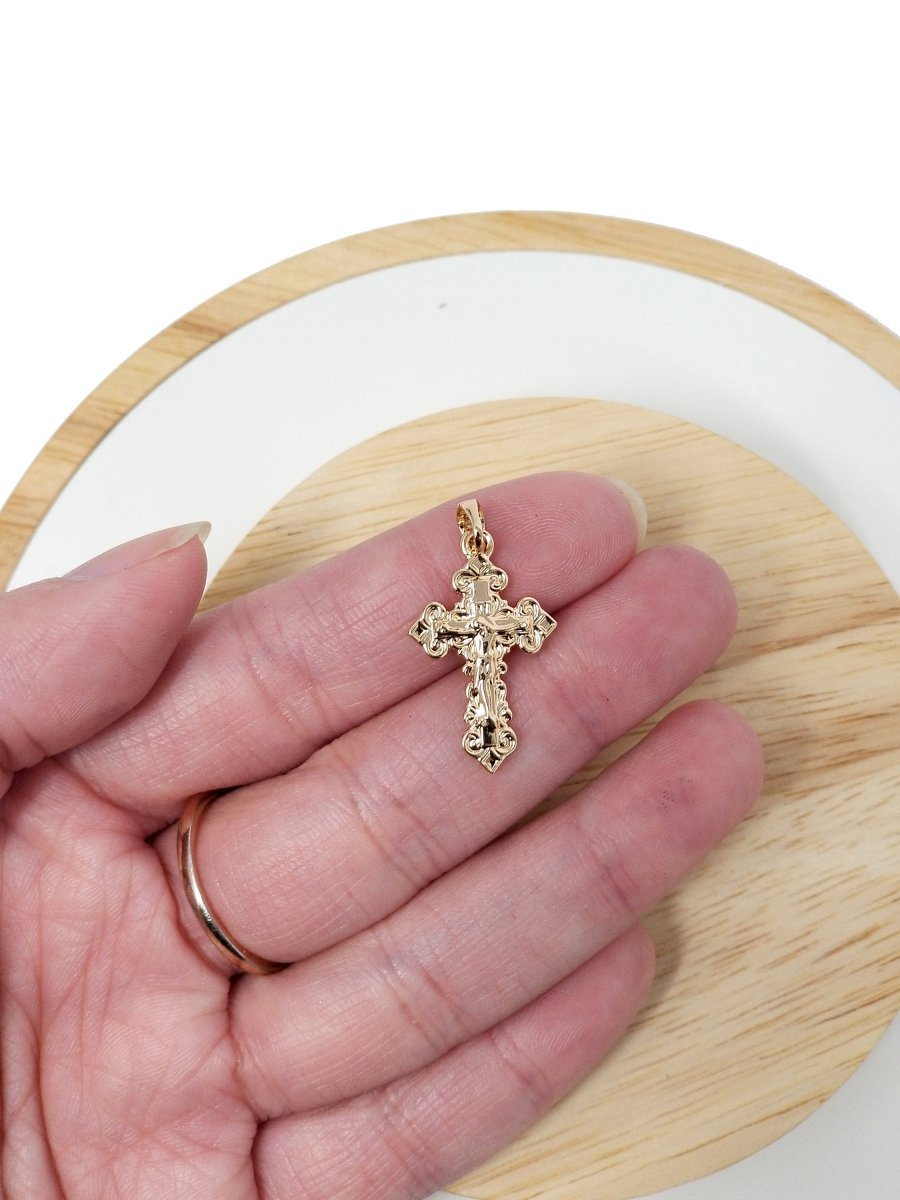 os 18k Gold Filled Ornate Cross Crucifix Pendant Jesus Christ Catholic Rosary Charm Layer Necklace Hoop Earring Jewelry Making H-828 - DLUXCA