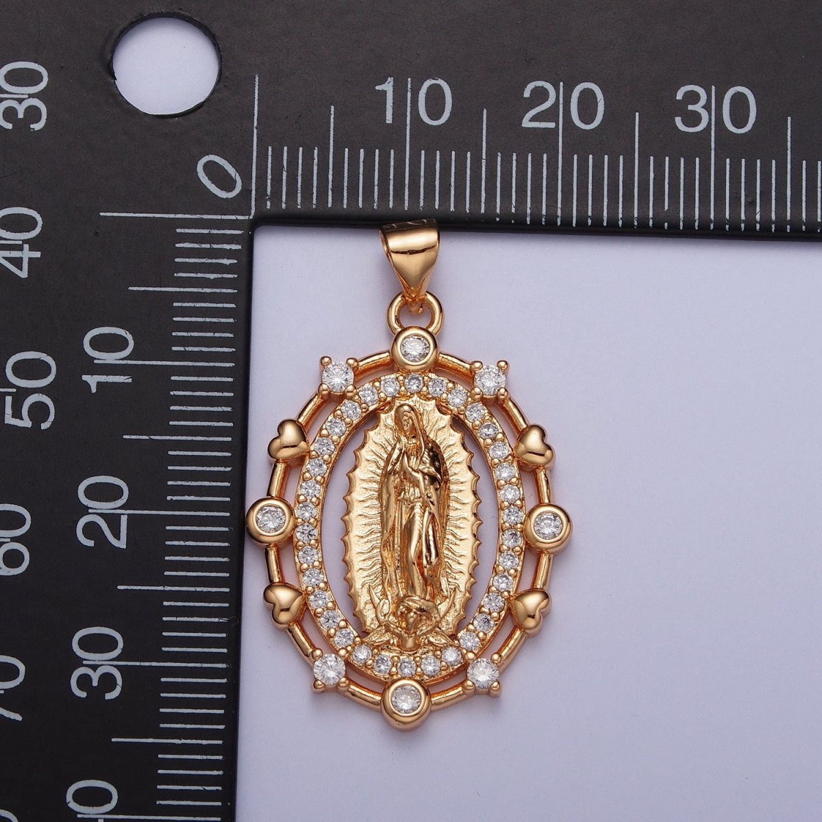 OS 18K Gold Heart Round Micro Paved CZ Lady Guadalupe Virgin Mary Pendant For Religious Jewelry Making H-199 - DLUXCA