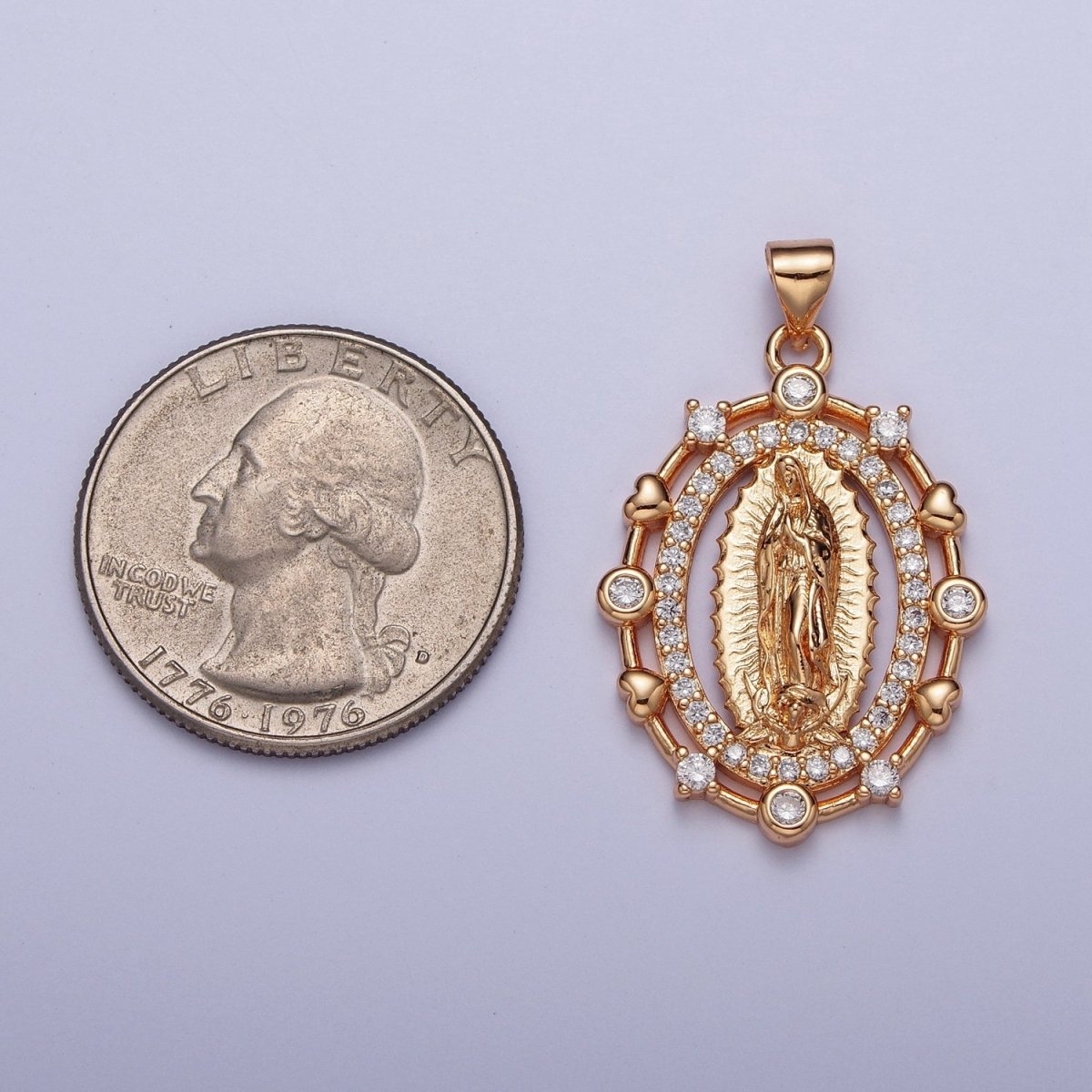 OS 18K Gold Heart Round Micro Paved CZ Lady Guadalupe Virgin Mary Pendant For Religious Jewelry Making H-199 - DLUXCA