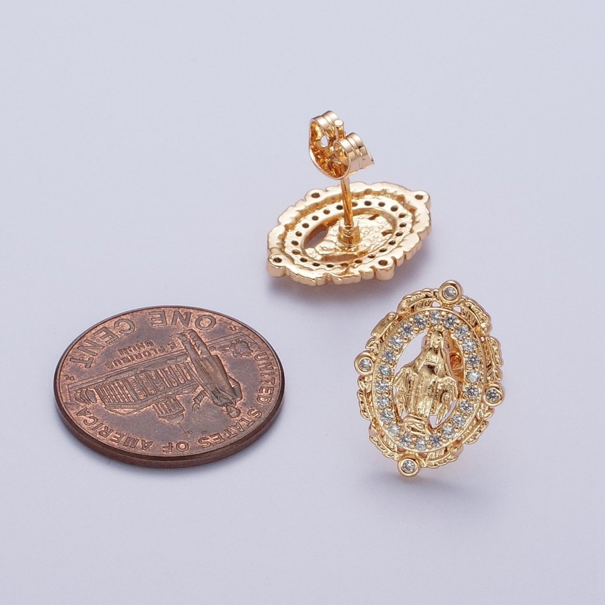 OS 18K Gold Mother Virgin Mary Micro Paved CZ Oval Feather Outlined Stud Religious Earrings | AE-1050 - DLUXCA