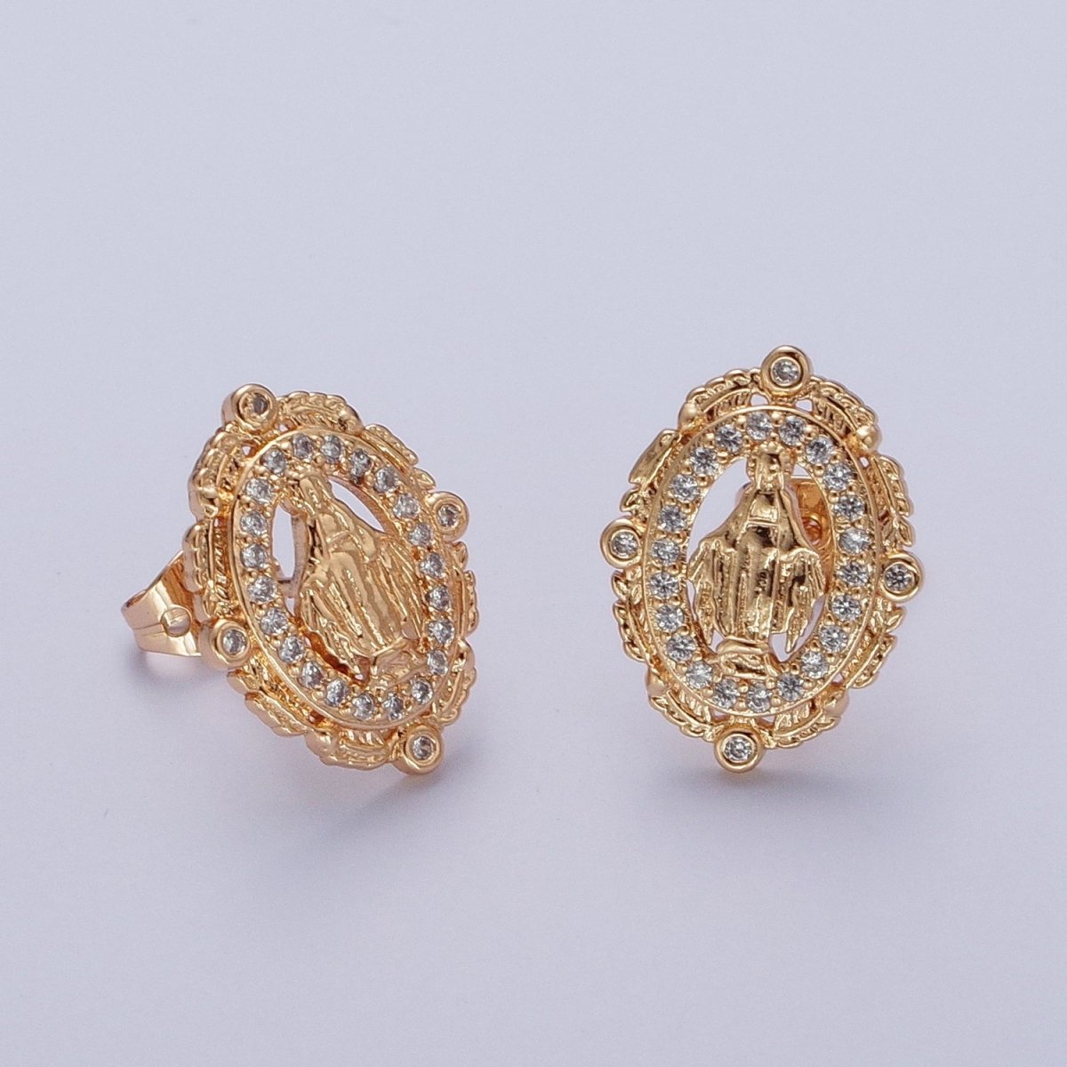 OS 18K Gold Mother Virgin Mary Micro Paved CZ Oval Feather Outlined Stud Religious Earrings | AE-1050 - DLUXCA