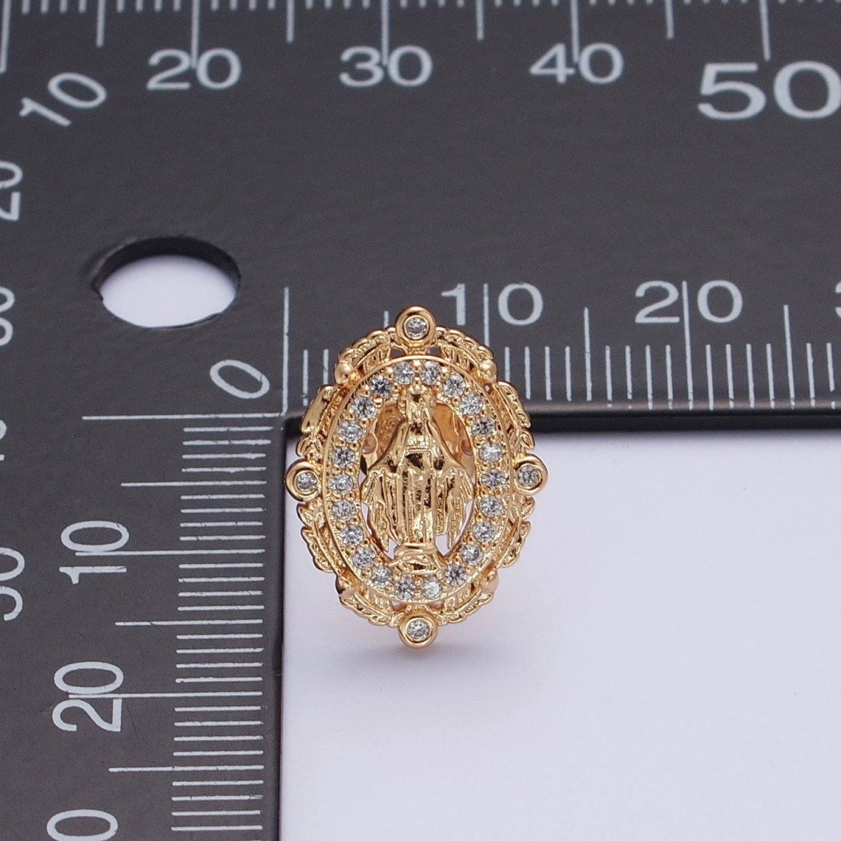 OS 18K Gold Mother Virgin Mary Micro Paved CZ Oval Feather Outlined Stud Religious Earrings | AE-1050 - DLUXCA